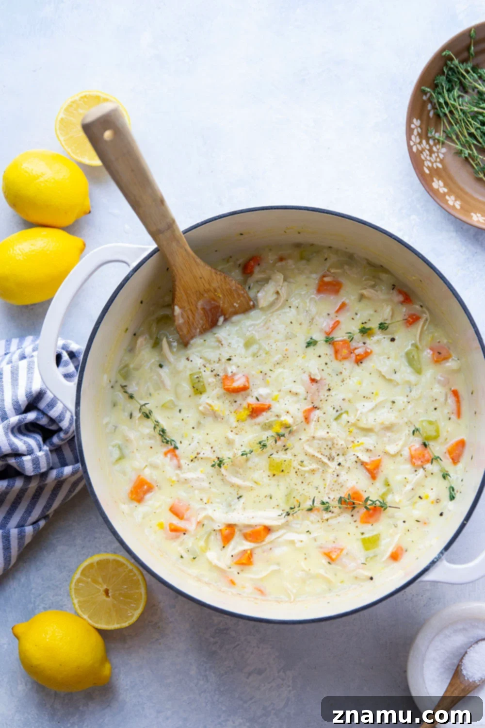 Velvety Lemon Chicken Rice Delight 5 Perfectly creamy and loaded with hearty rice, chicken, and lots of fresh lemon, this chicken lemon rice soup comes together in one pot in less than an hour!