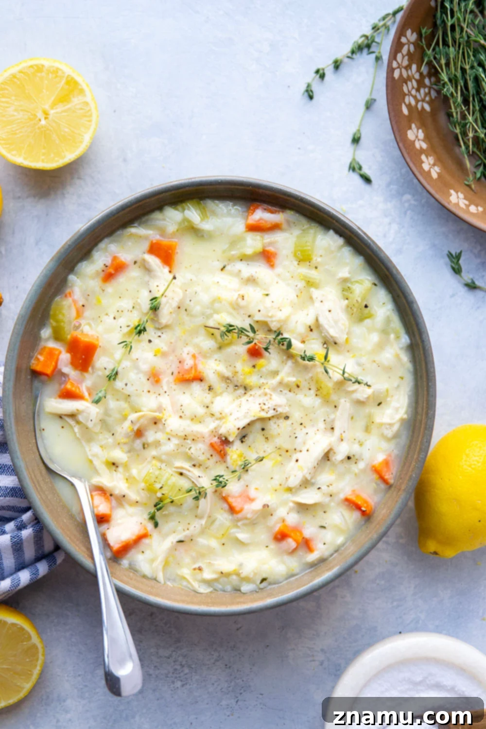 Velvety Lemon Chicken Rice Delight 6 Perfectly creamy and loaded with hearty rice, chicken, and lots of fresh lemon, this chicken lemon rice soup comes together in one pot in less than an hour!