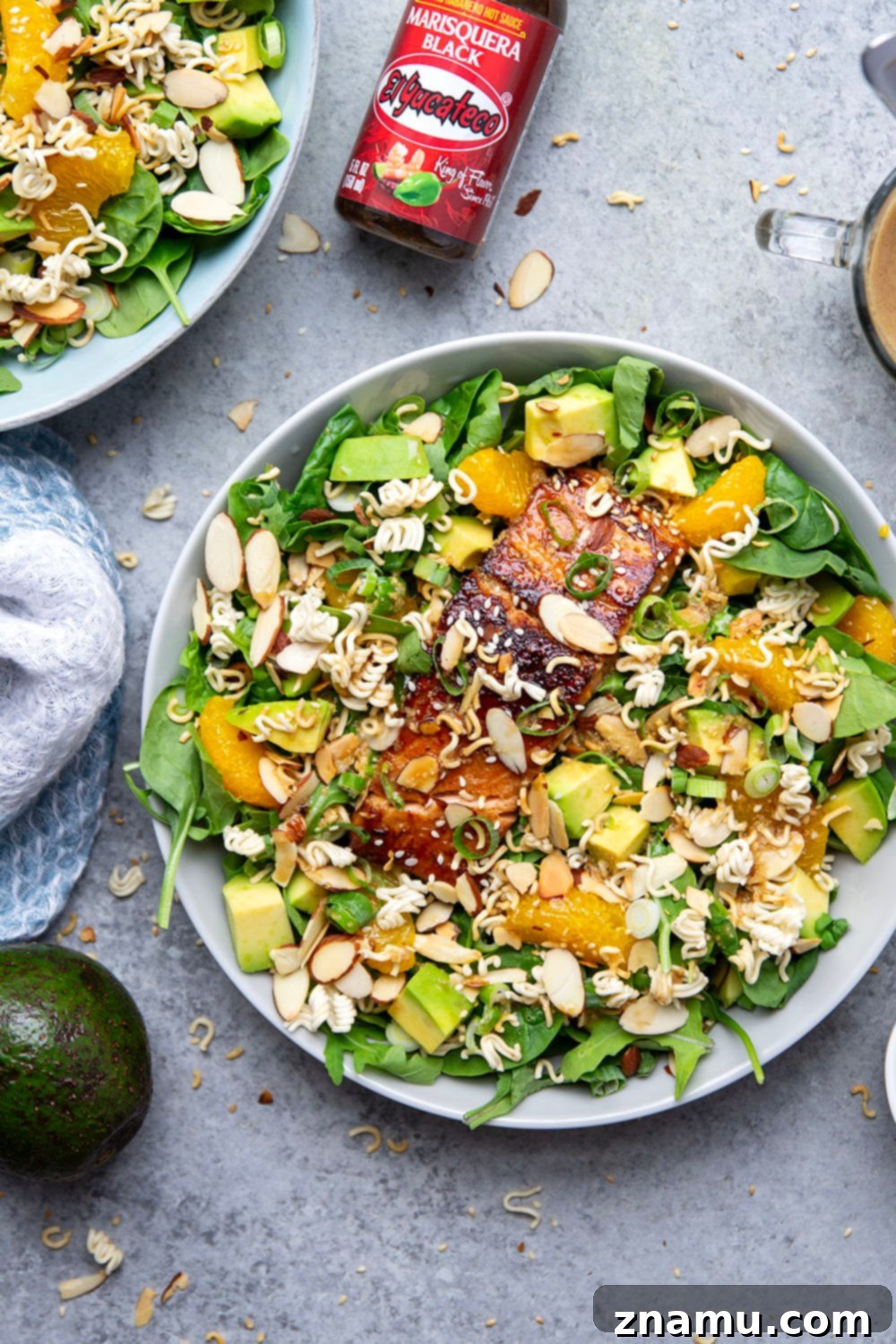 Zesty Salmon Ginger Greens 6 Ingredients for Asian salmon salad laid out on a table.