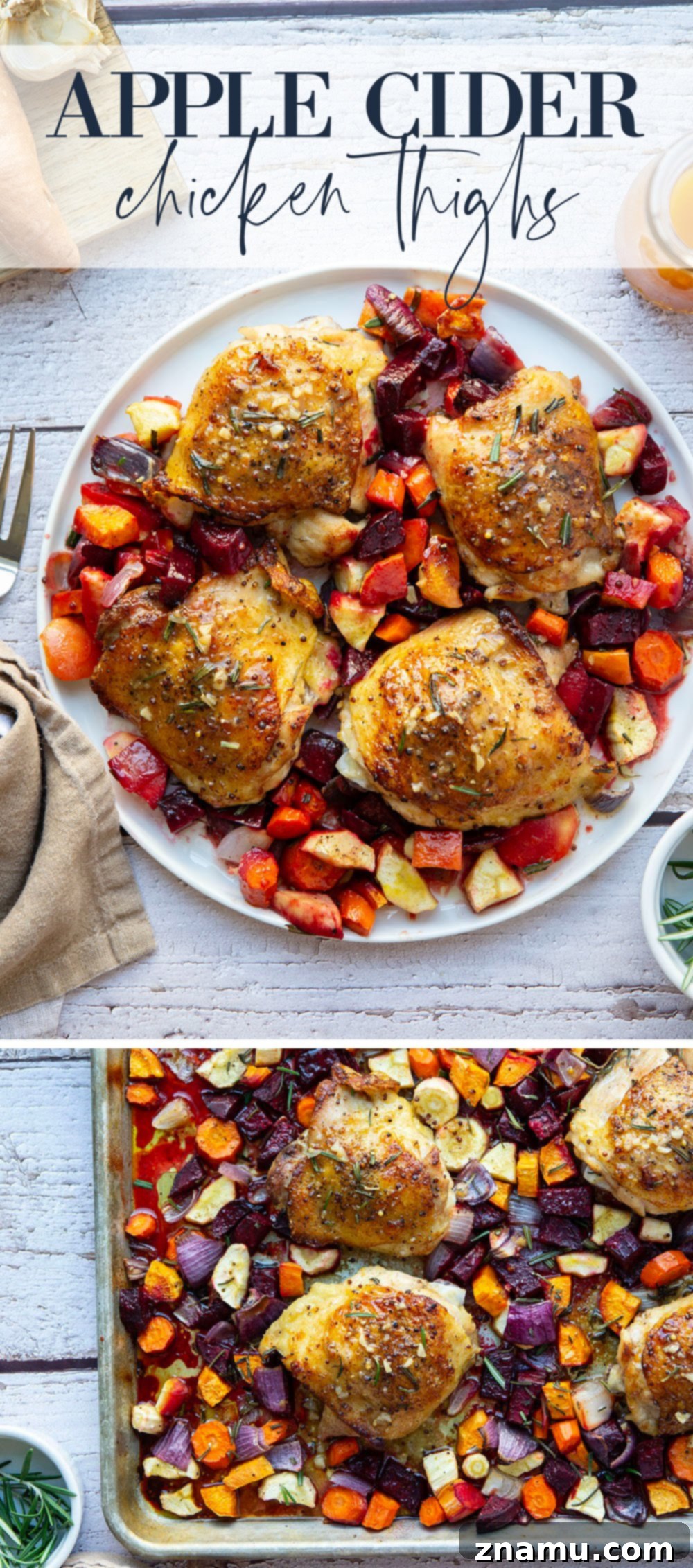Apple Cider Chicken Thighs and Roasted Roots 7 Overhead shot of the finished apple cider chicken and root vegetables, ready to be served.