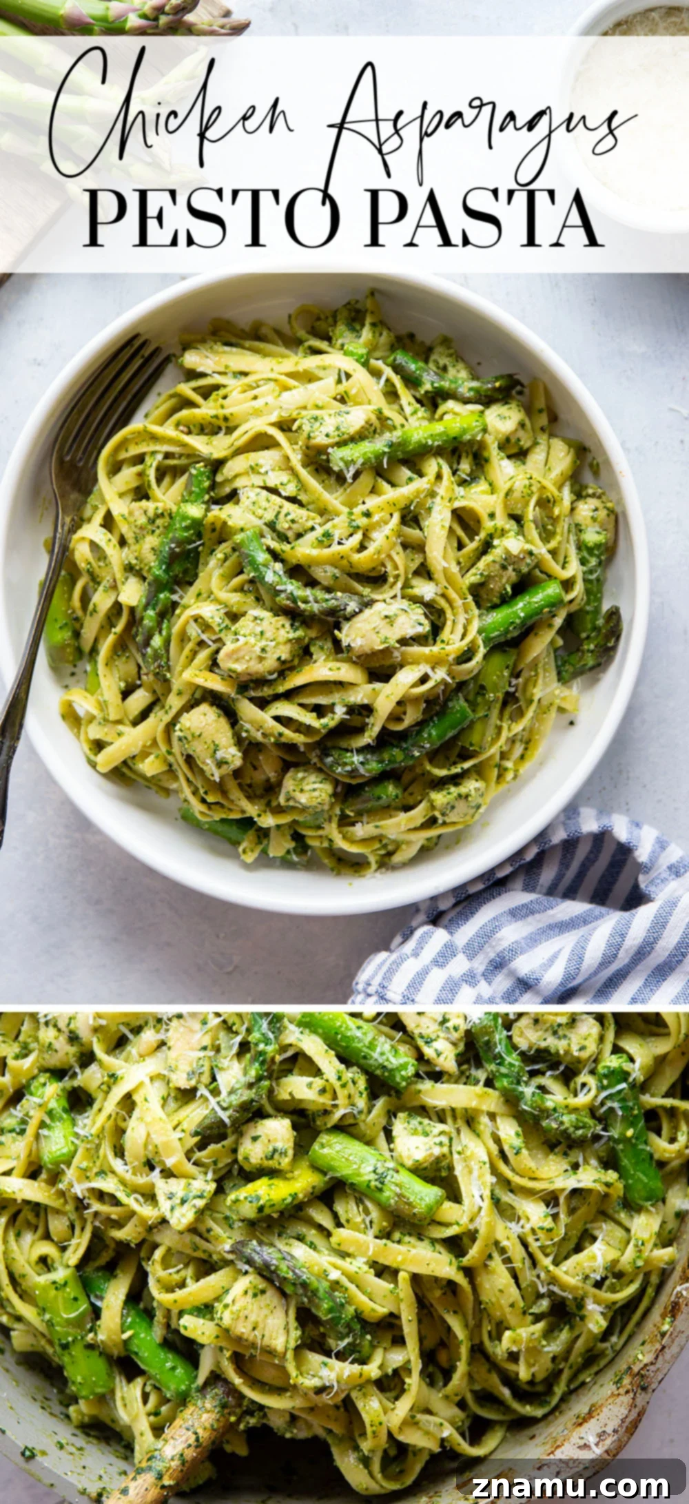 Vibrant Chicken Asparagus Pesto Pasta 7 This chicken asparagus pesto pasta features tender fettuccine pasta tossed with sautéed chicken, asparagus, and lots of flavorful pesto.