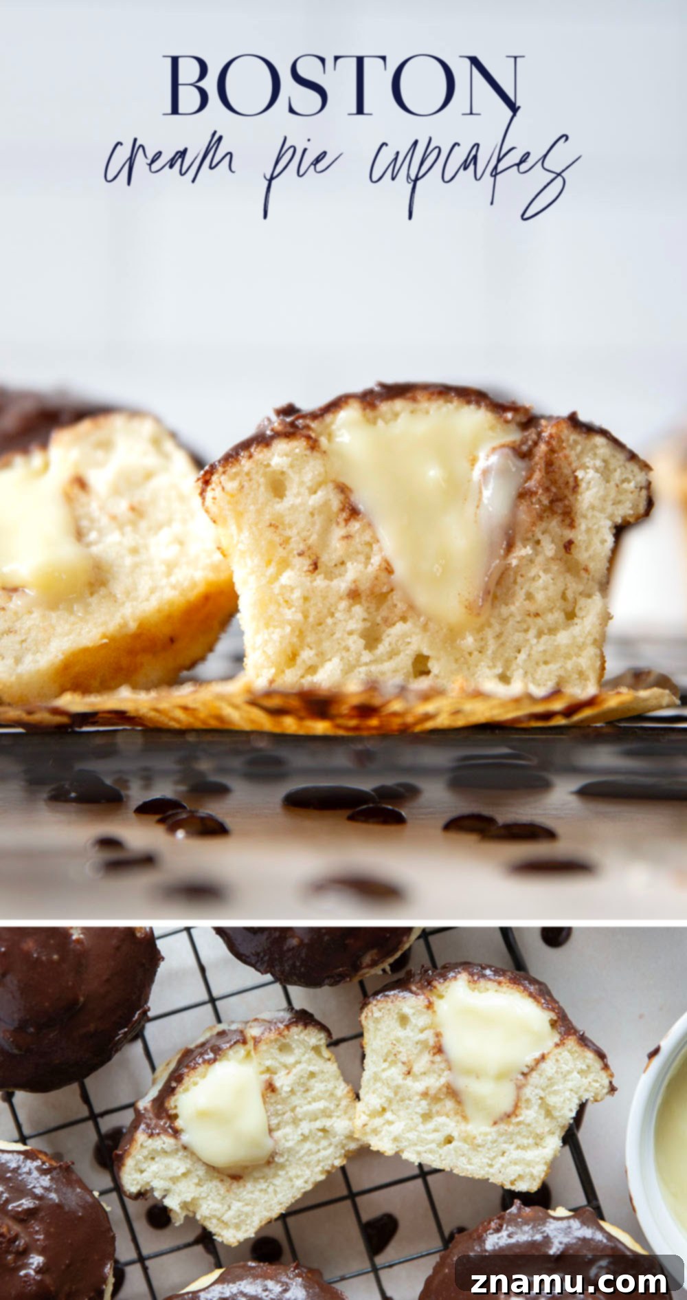 Classic Boston Cream Pie Cupcakes 7 These Boston cream pie cupcakes feature soft and buttery white cupcakes filled with vanilla pastry cream and topped with rich chocolate ganache.