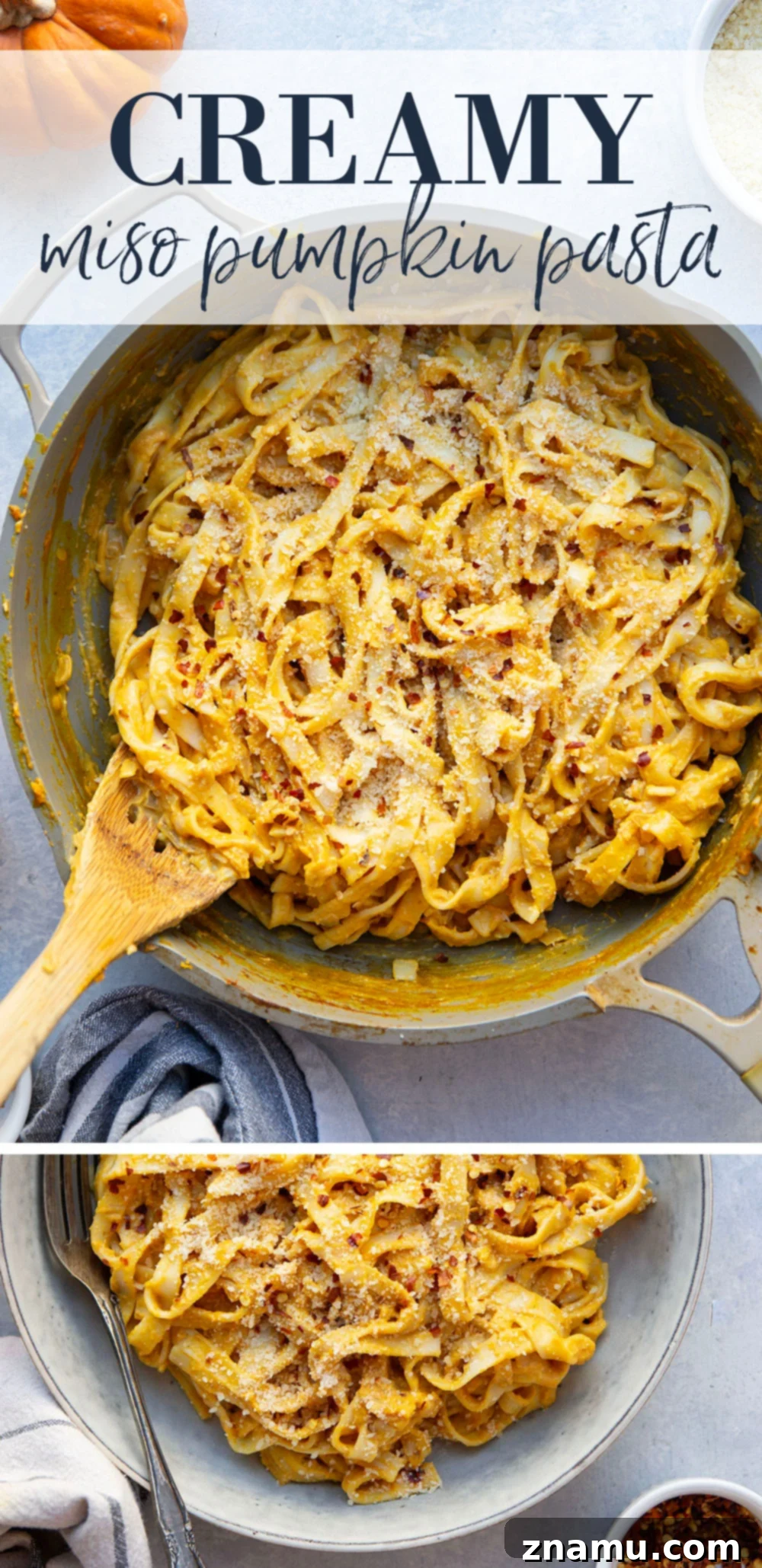 Velvety Miso Pumpkin Pasta 7 Flavorful miso bumps all the flavors up in this rich and creamy miso pumpkin pasta! It's ready in 30 minutes and goes well with any fall meal.