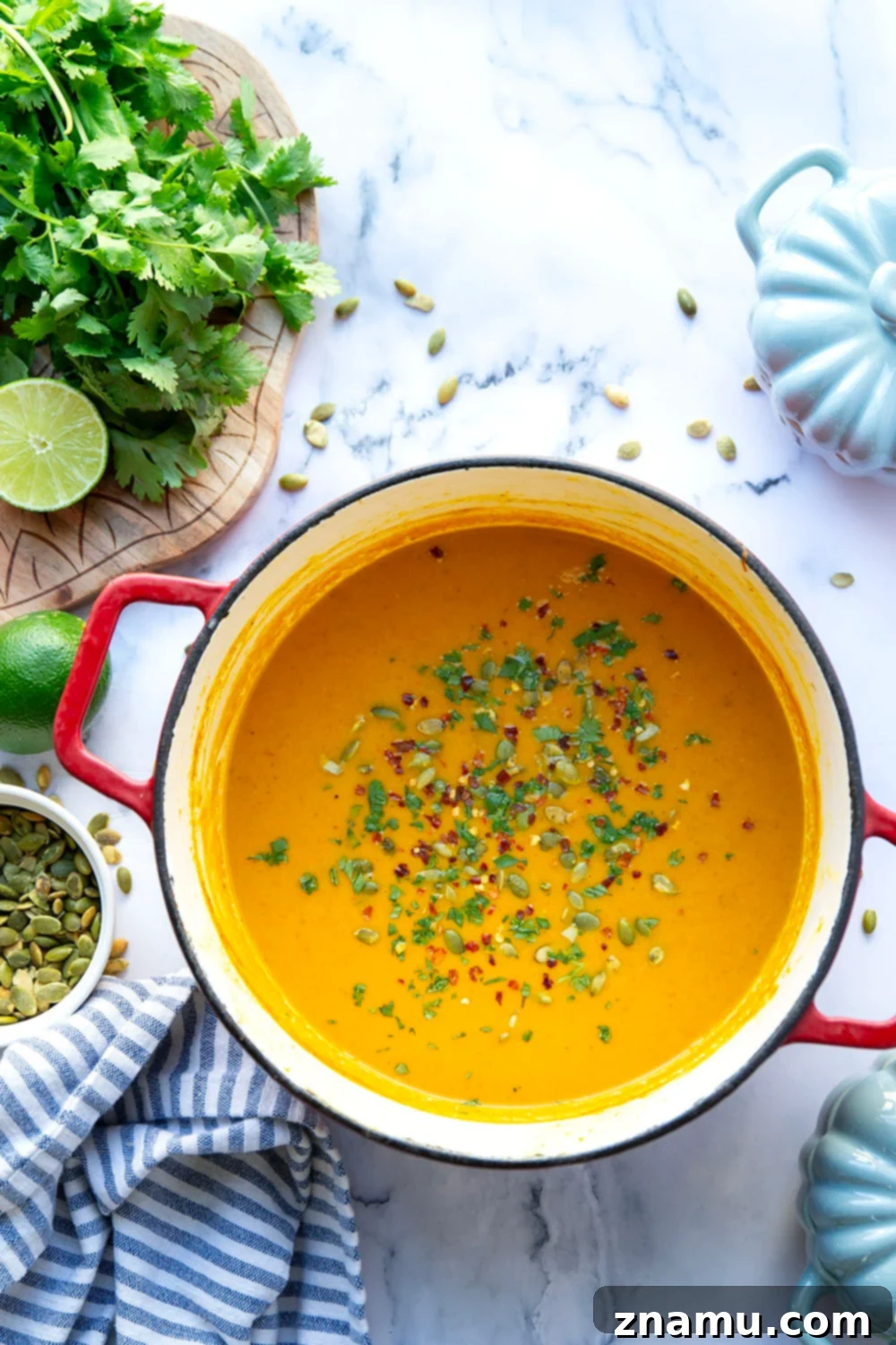 Creamy Thai Pumpkin Soup 3 Perfectly creamy and packed with flavorful heat, this Thai pumpkin soup is quick to whip up and amazing with crunchy pepitas and fresh cilantro on top!