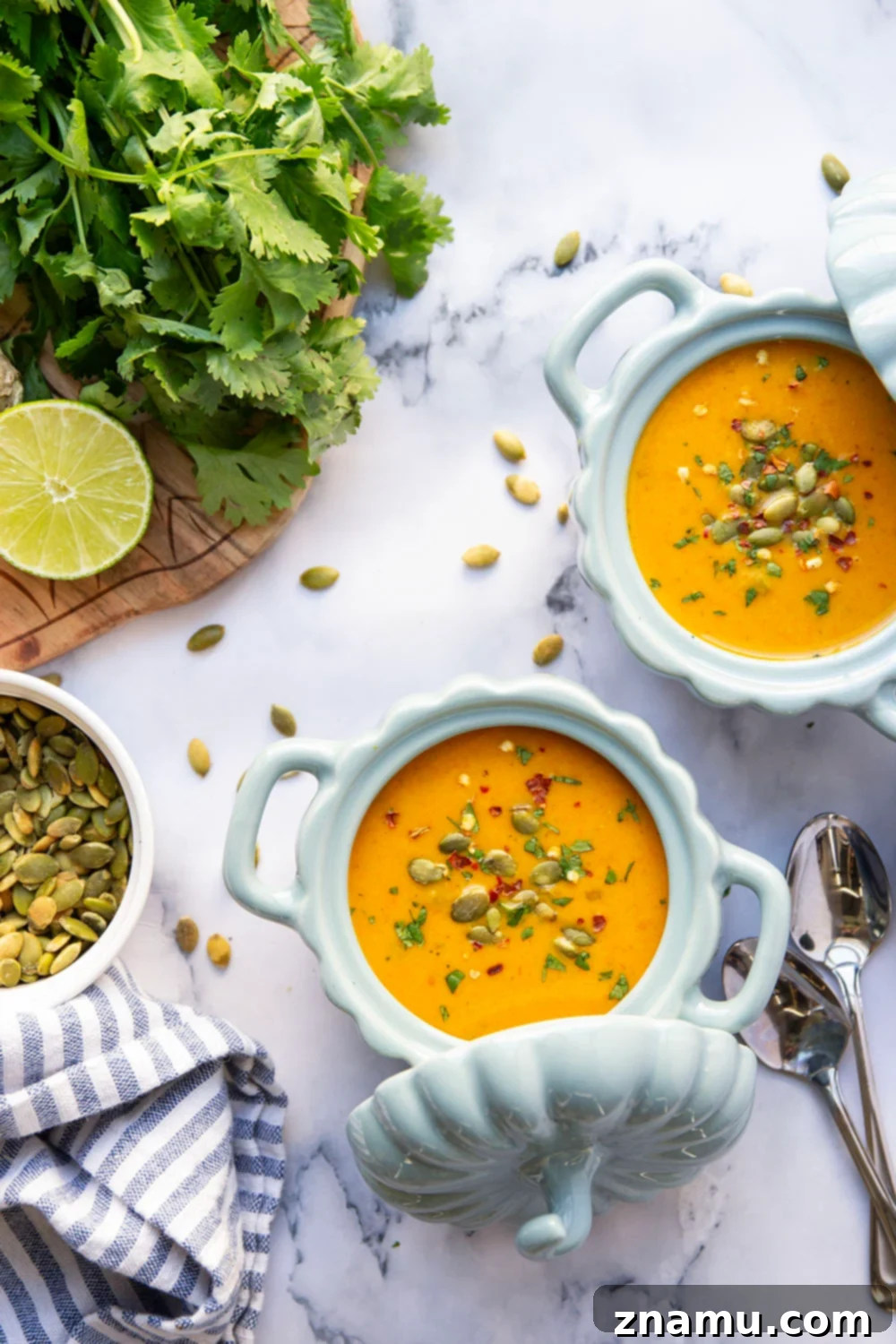 Creamy Thai Pumpkin Soup 4 Perfectly creamy and packed with flavorful heat, this Thai pumpkin soup is quick to whip up and amazing with crunchy pepitas and fresh cilantro on top!