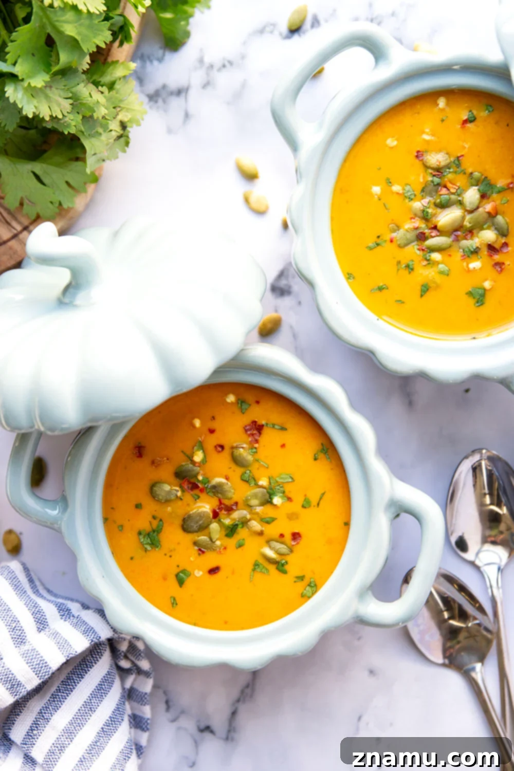 Creamy Thai Pumpkin Soup 5 Perfectly creamy and packed with flavorful heat, this Thai pumpkin soup is quick to whip up and amazing with crunchy pepitas and fresh cilantro on top!