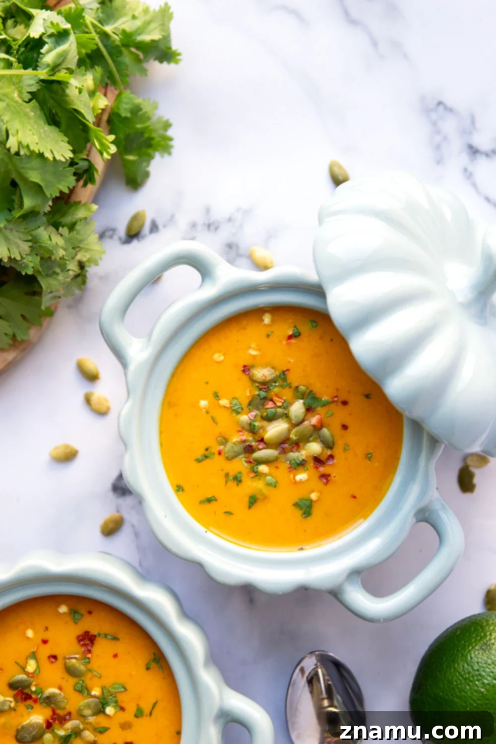 Creamy Thai Pumpkin Soup 6 Perfectly creamy and packed with flavorful heat, this Thai pumpkin soup is quick to whip up and amazing with crunchy pepitas and fresh cilantro on top!