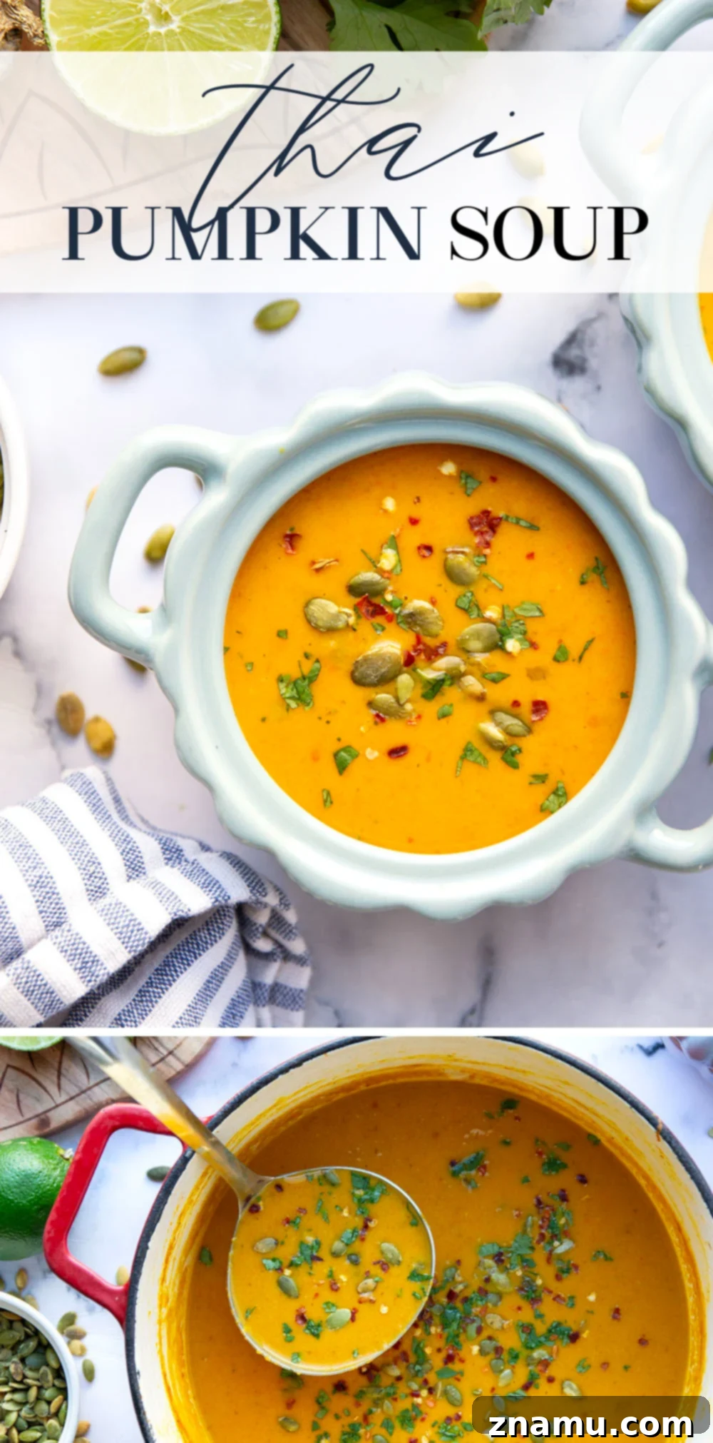 Creamy Thai Pumpkin Soup 7 Perfectly creamy and packed with flavorful heat, this Thai pumpkin soup is quick to whip up and amazing with crunchy pepitas and fresh cilantro on top!