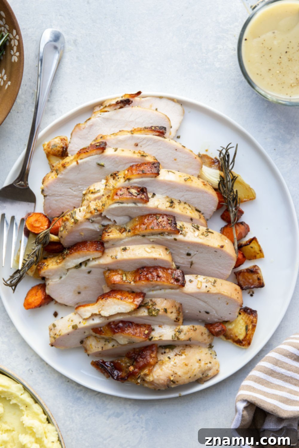 Succulent Dry-Brined Turkey Breast with Tangy Apple Cider Gravy 4 This dry brined turkey breast is incredibly tender and juicy from a flavorful dry brine and the perfect way to serve turkey for a smaller crowd! Serve with your favorite side dishes and lots of flavorful apple cider gravy on top.