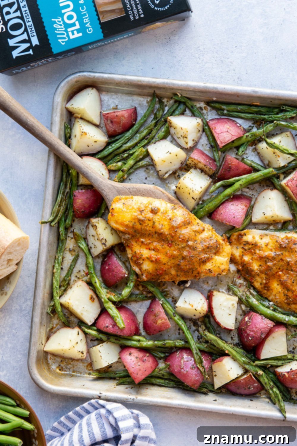 Garlic Herb Baked Flounder and Roasted Red Potatoes 5 Flavorful garlic herb baked flounder, tender roasted red potatoes and green beans are the perfect trio in this fast and flavorful sheet pan dinner!