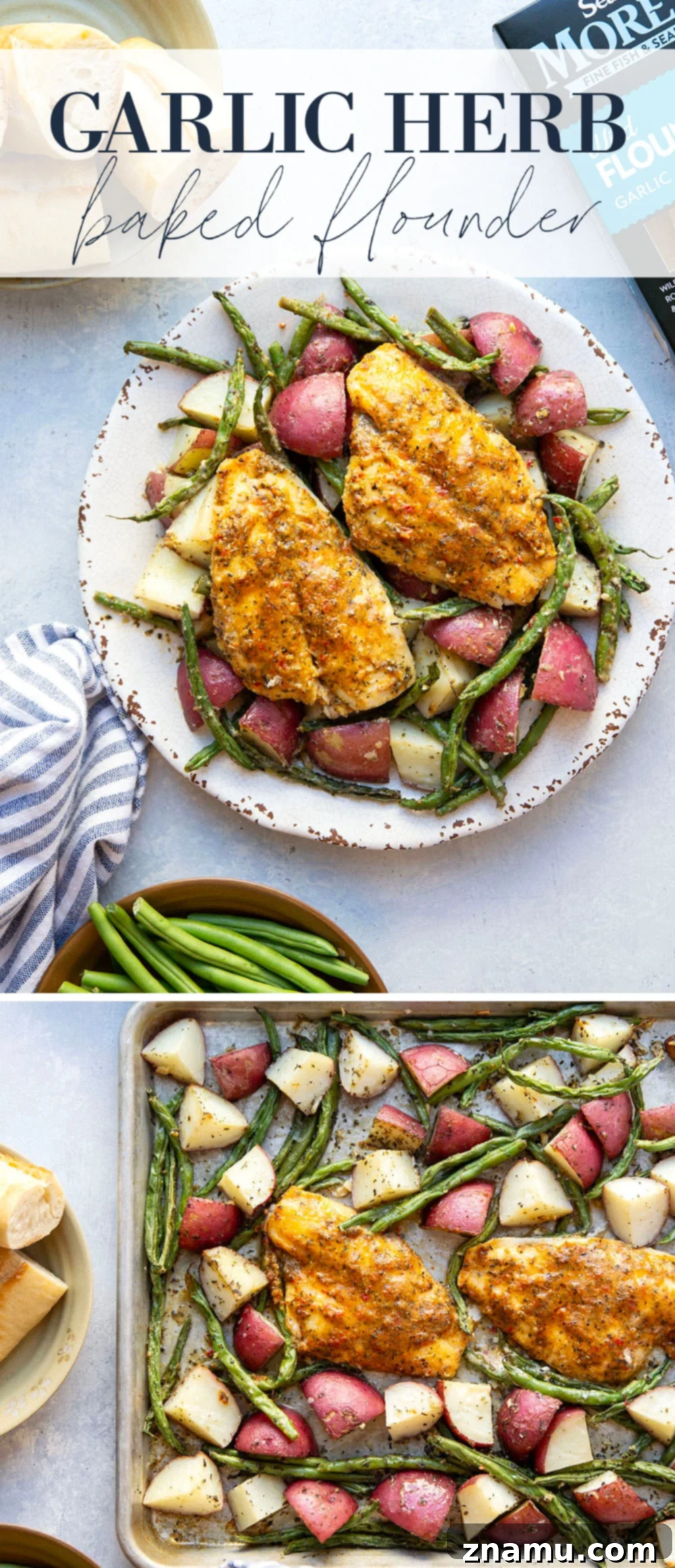 Garlic Herb Baked Flounder and Roasted Red Potatoes 7 Flavorful garlic herb baked flounder, tender roasted red potatoes and green beans are the perfect trio in this fast and flavorful sheet pan dinner!