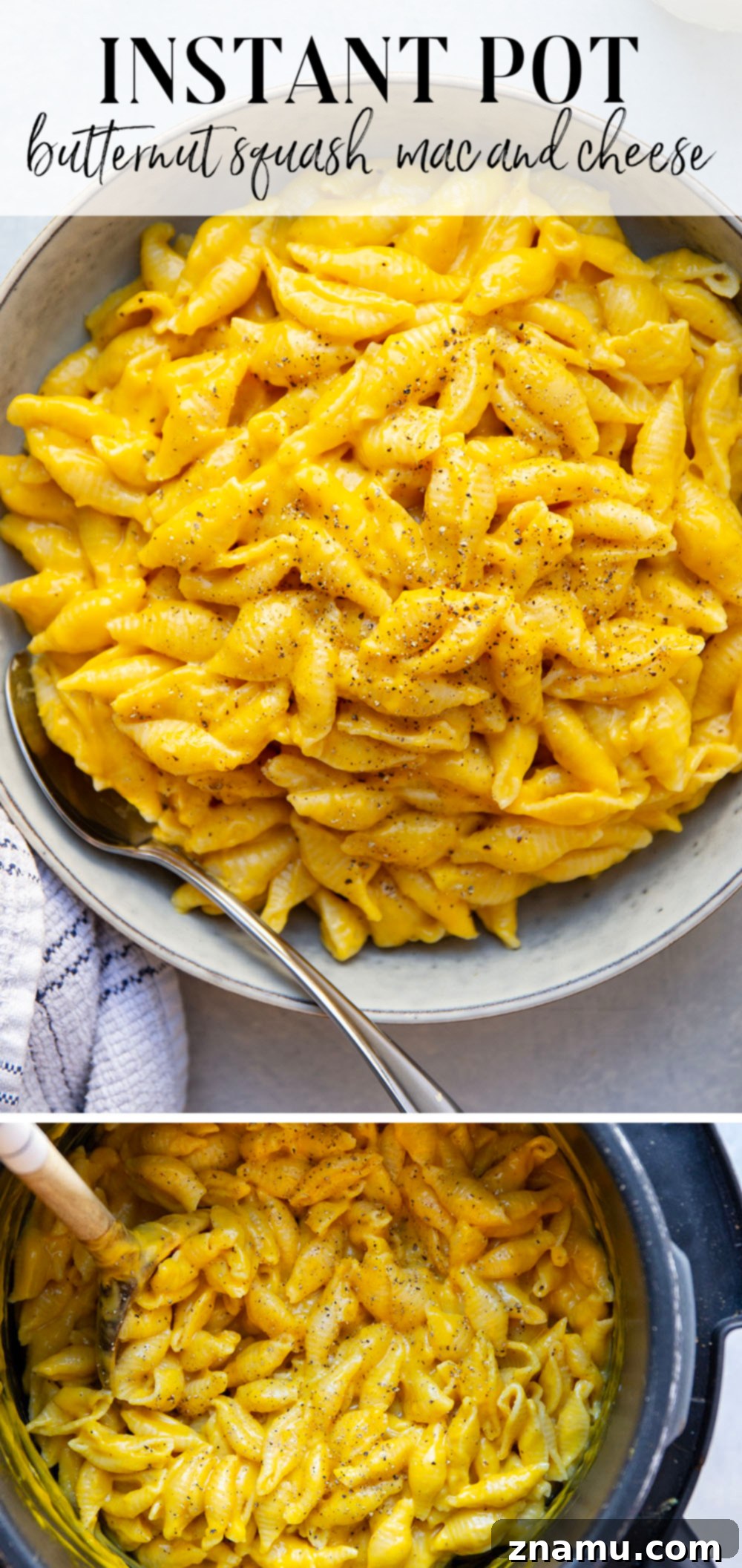 Velvety Instant Pot Butternut Squash Mac and Cheese 7 Overhead shot of Instant Pot Butternut Squash Mac and Cheese in a serving bowl