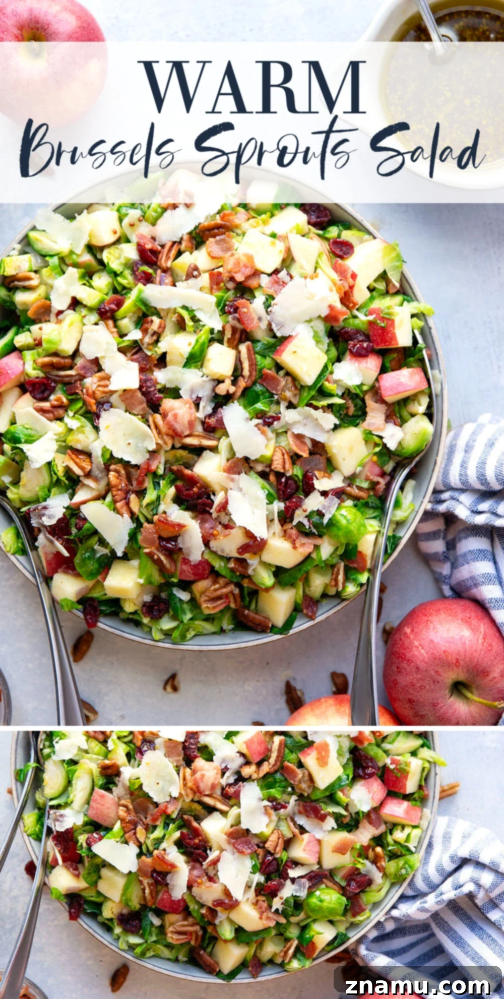 A close-up, beautifully styled photo of the warm Brussels sprouts salad in a white bowl, highlighting the vibrant colors and textures, with a fork ready to serve.