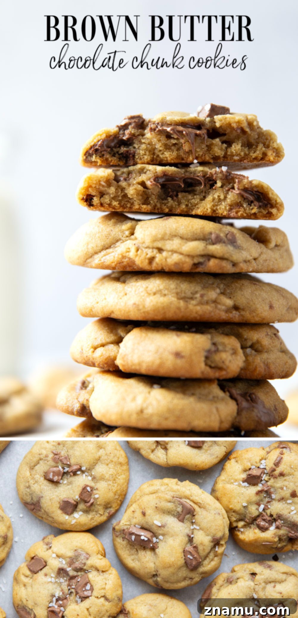 Decadent Brown Butter Chocolate Chunk Cookies 7 An artistic overhead shot of several brown butter chocolate chunk cookies arranged on a plate.