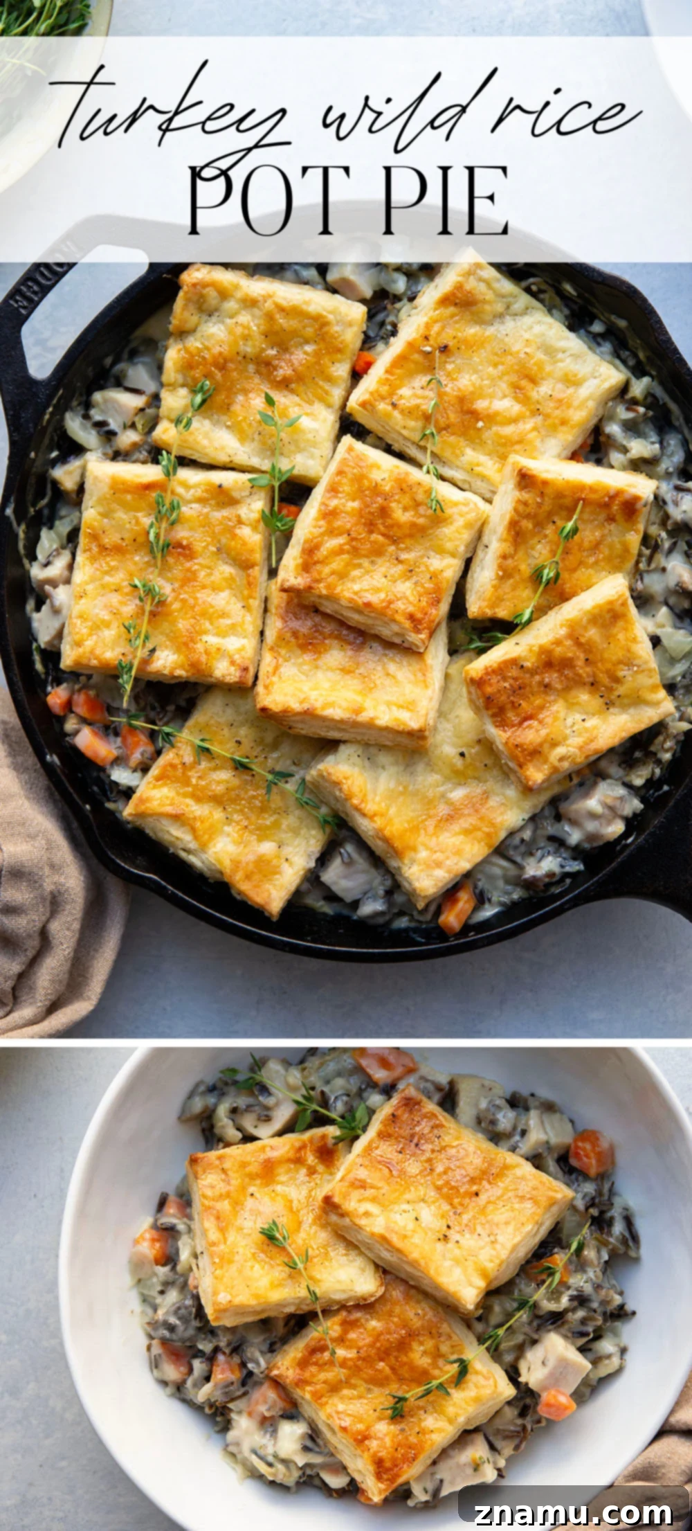 Hearty Turkey Wild Rice Pot Pie 7 This turkey wild rice pot pie features a creamy filling of wild rice and turkey with flaky homemade pastry squares baked on top. It's the perfect use for leftover turkey!