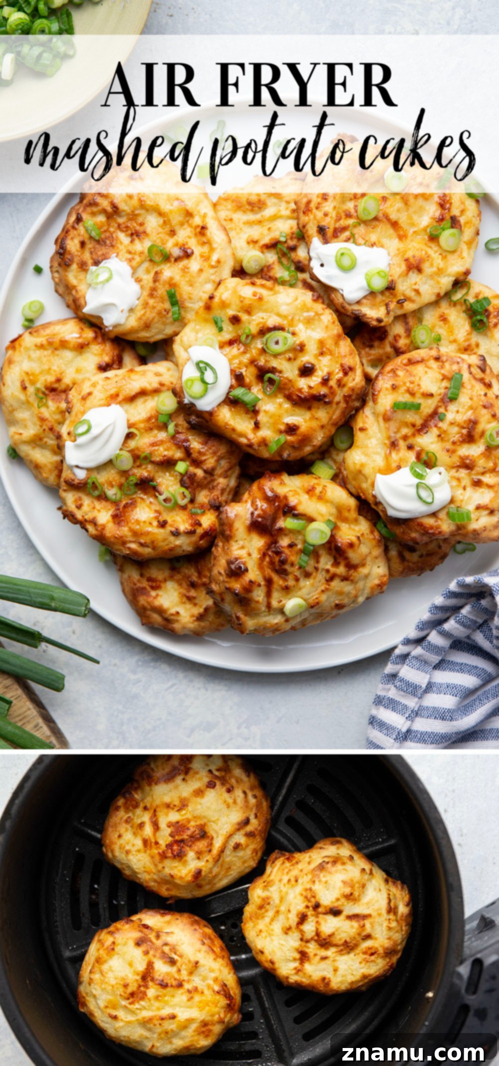 Crispy Air Fryer Mashed Potato Cakes 7 A large platter of golden-brown Air Fryer Mashed Potato Cakes.