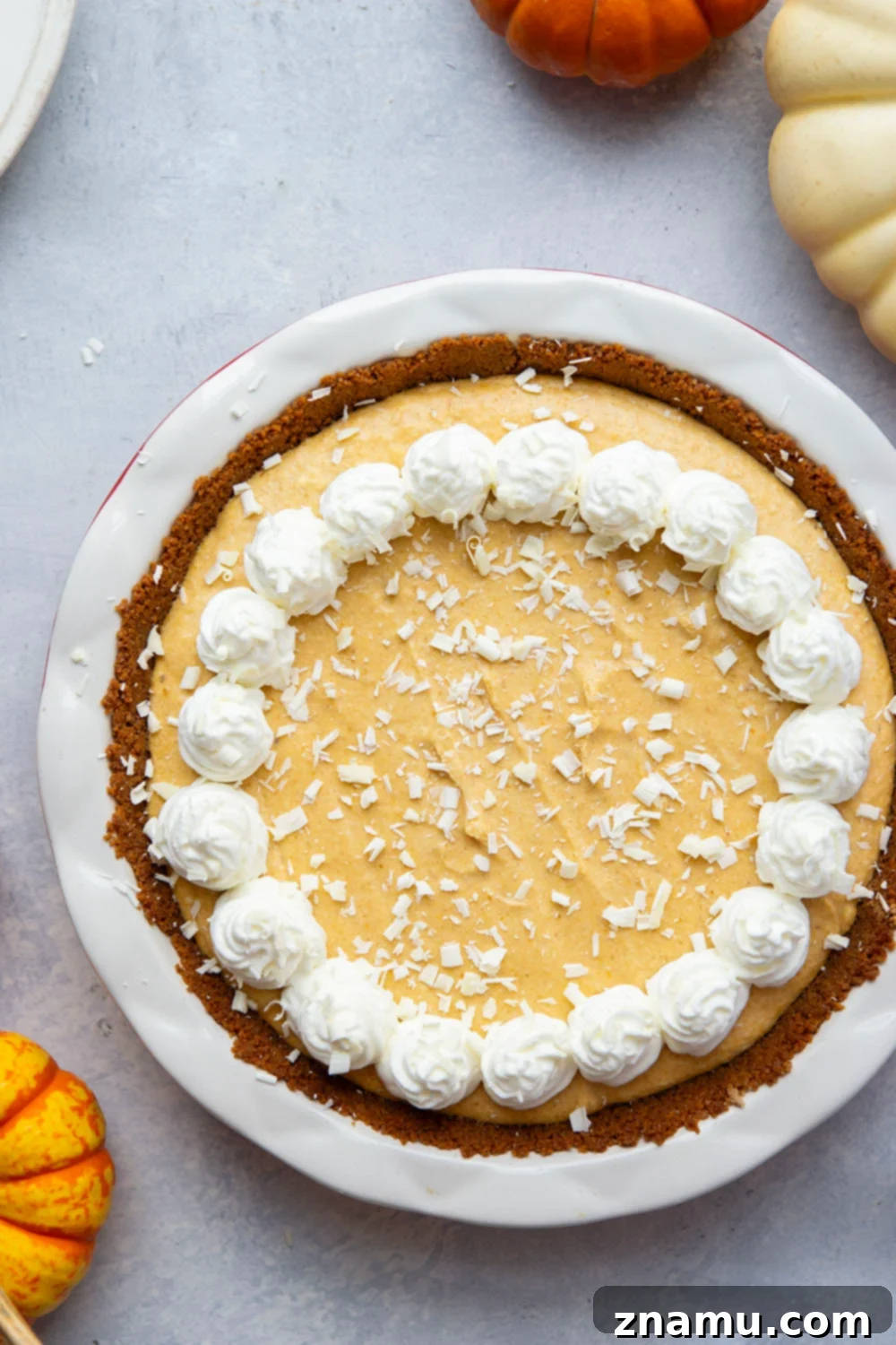 Velvet Pumpkin White Chocolate Dream Pie 4 An overhead view of the full White Chocolate Pumpkin Mousse Pie, garnished with whipped cream and white chocolate shavings.