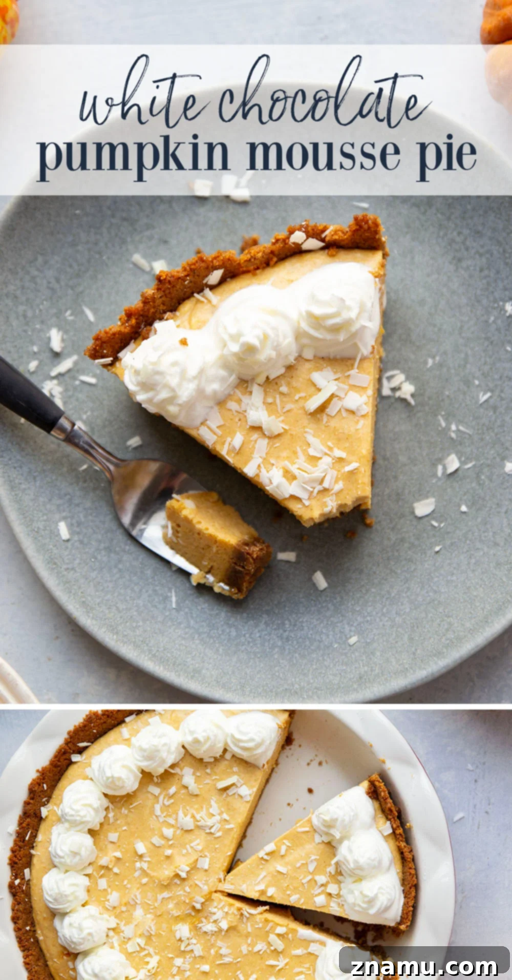 Velvet Pumpkin White Chocolate Dream Pie 7 Another beautiful shot of the White Chocolate Pumpkin Mousse Pie, emphasizing its festive appeal.