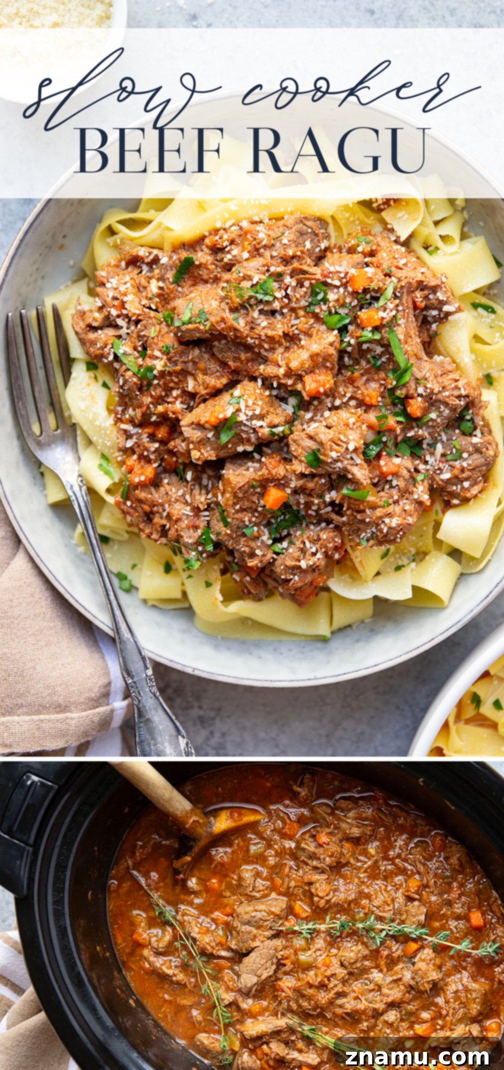 Rustic Slow Cooked Beef Ragu 7 Slow cooked to perfect fall-apart tender perfection and loaded with hearty flavors, this slow cooker beef ragu is incredible over warm pappardelle pasta and a comfort food favorite!