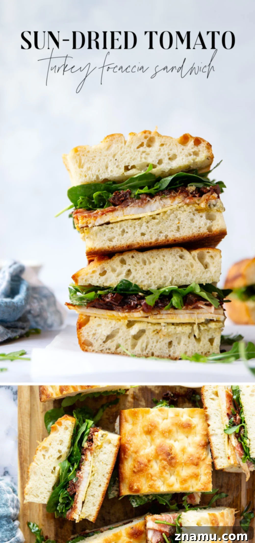 Sun-Dried Tomato & Turkey Focaccia 7 Layers of roast turkey, cheese, and flavorful sun-dried tomatoes star in this turkey focaccia sandwich that's so easy to whip up and perfect for leftover turkey!