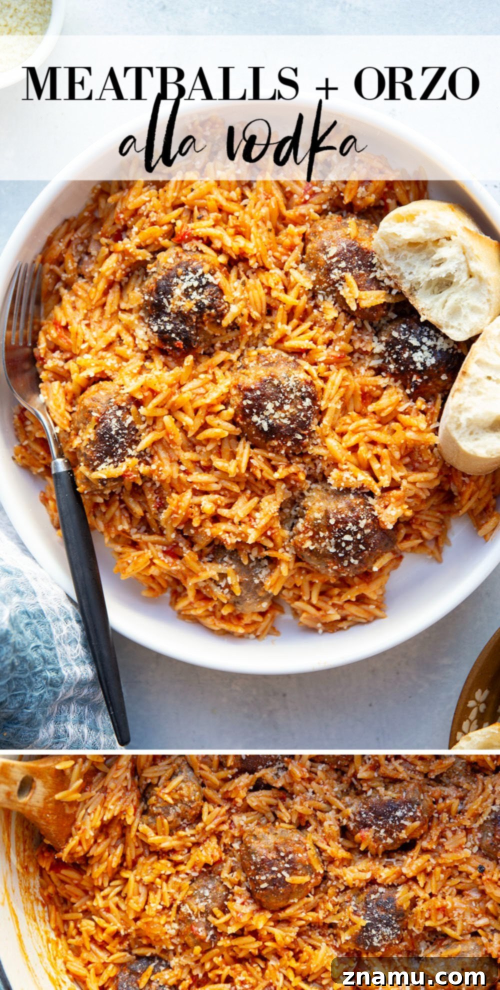 Creamy Vodka Orzo with Meatballs 7 A large skillet filled with cooked meatballs and orzo in a vibrant vodka tomato sauce, ready to serve.