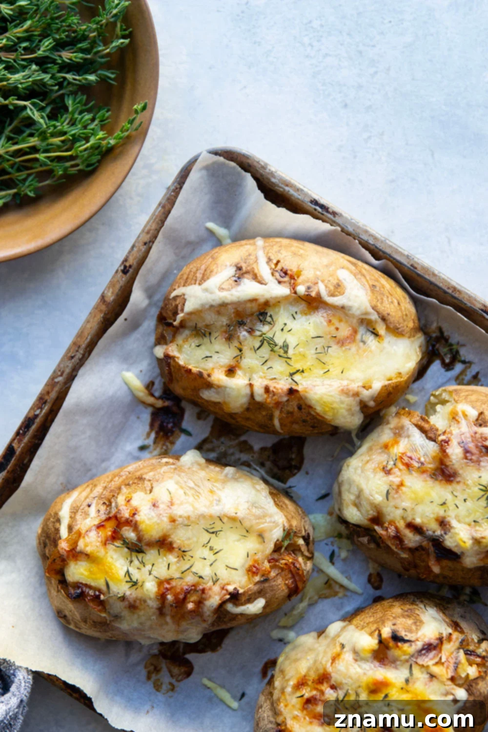 Bistro French Onion Baked Potatoes 3 Close-up of a French onion baked potato with bubbling cheese and caramelized onions.
