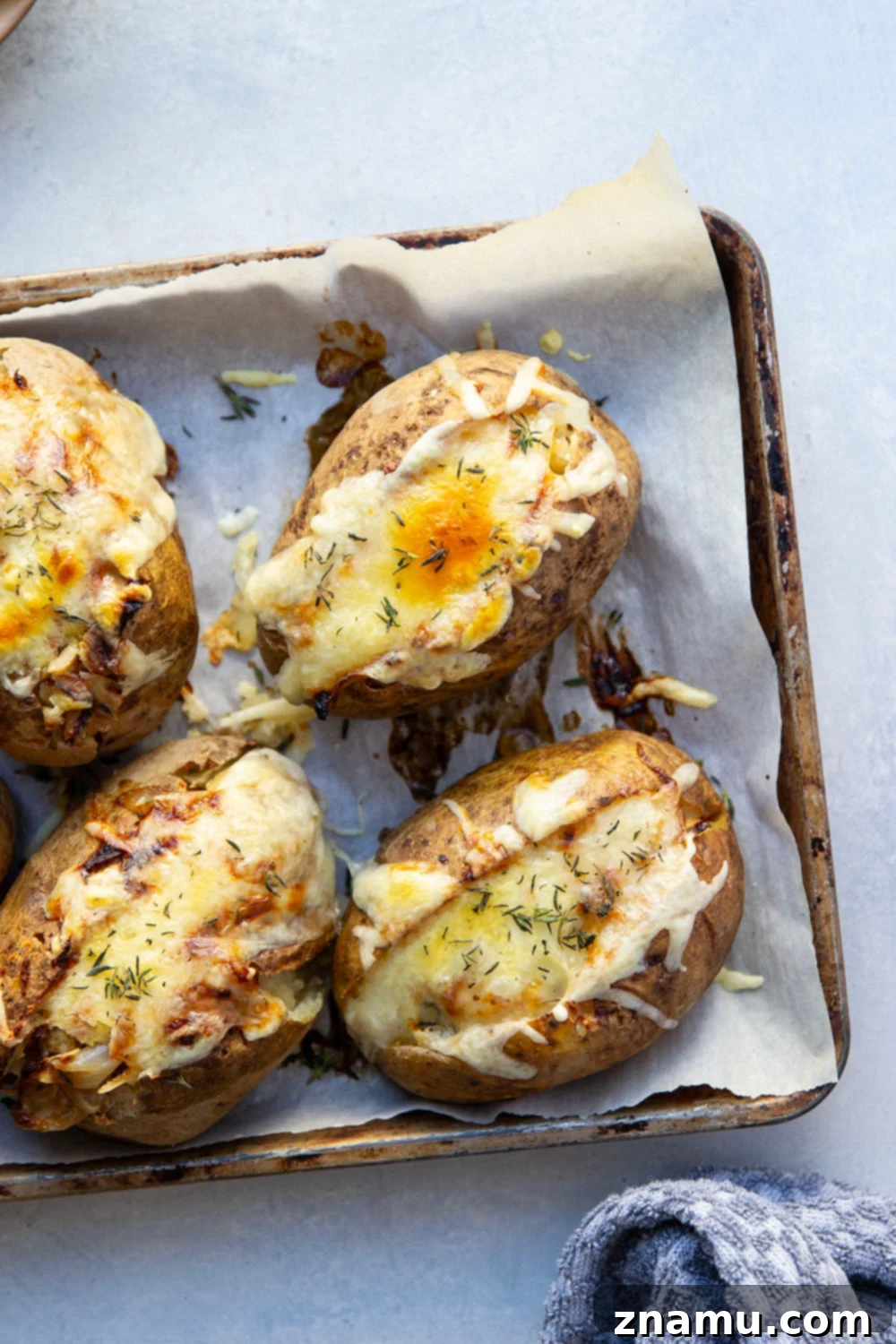 Bistro French Onion Baked Potatoes 5 A skillet filled with beautifully caramelized onions, the base for French onion soup filling.