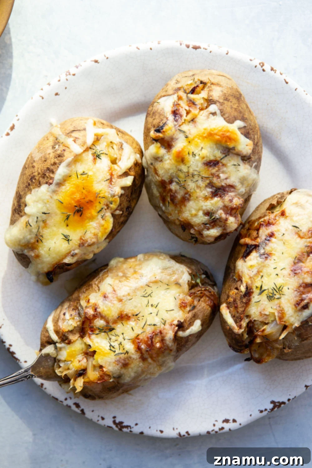 Bistro French Onion Baked Potatoes 6 A serving of French onion baked potato with a fork, showing the fluffy interior and filling.