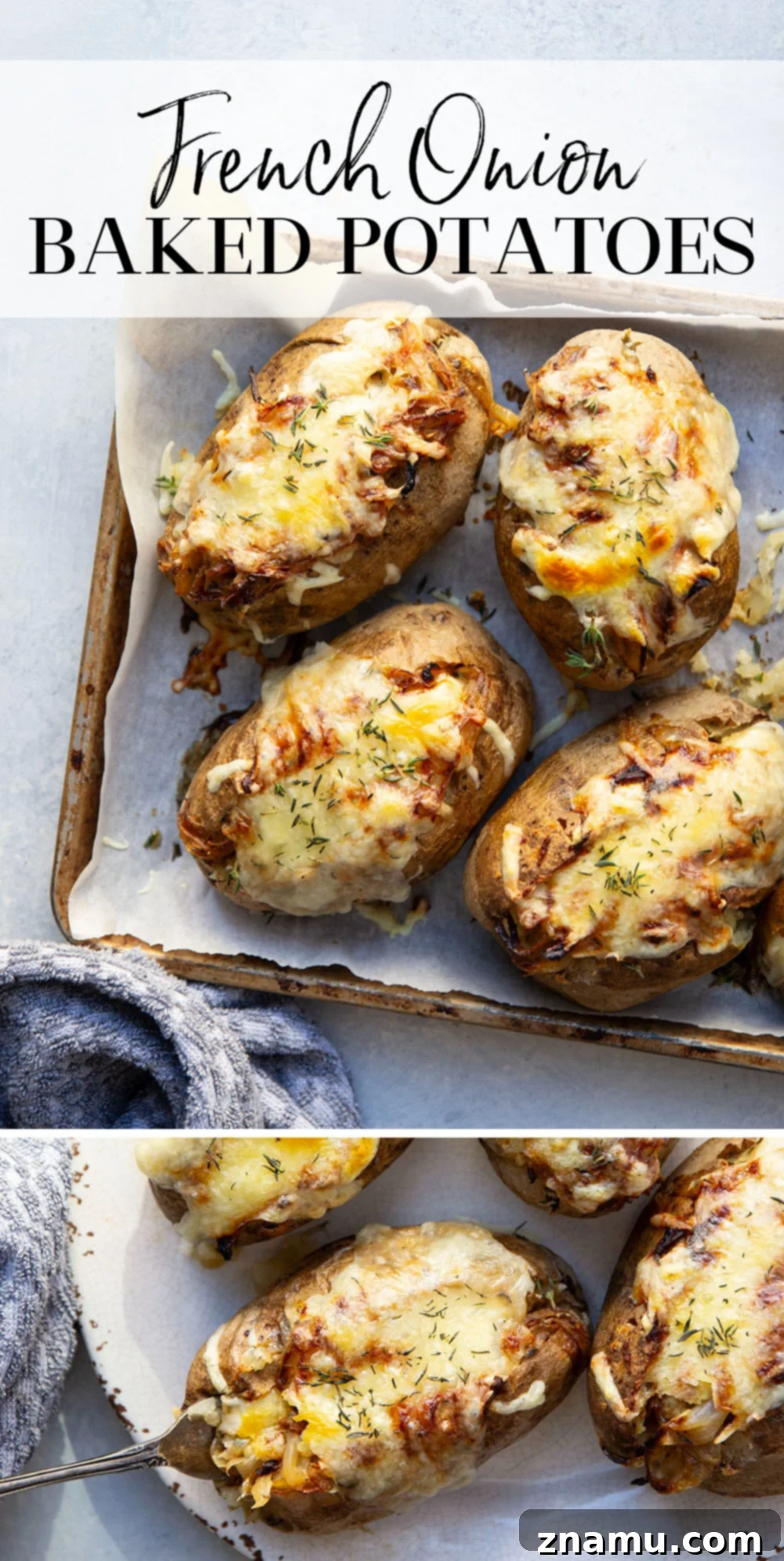 Bistro French Onion Baked Potatoes 7 Overhead shot of two French onion baked potatoes on a dark serving board, garnished with fresh herbs.