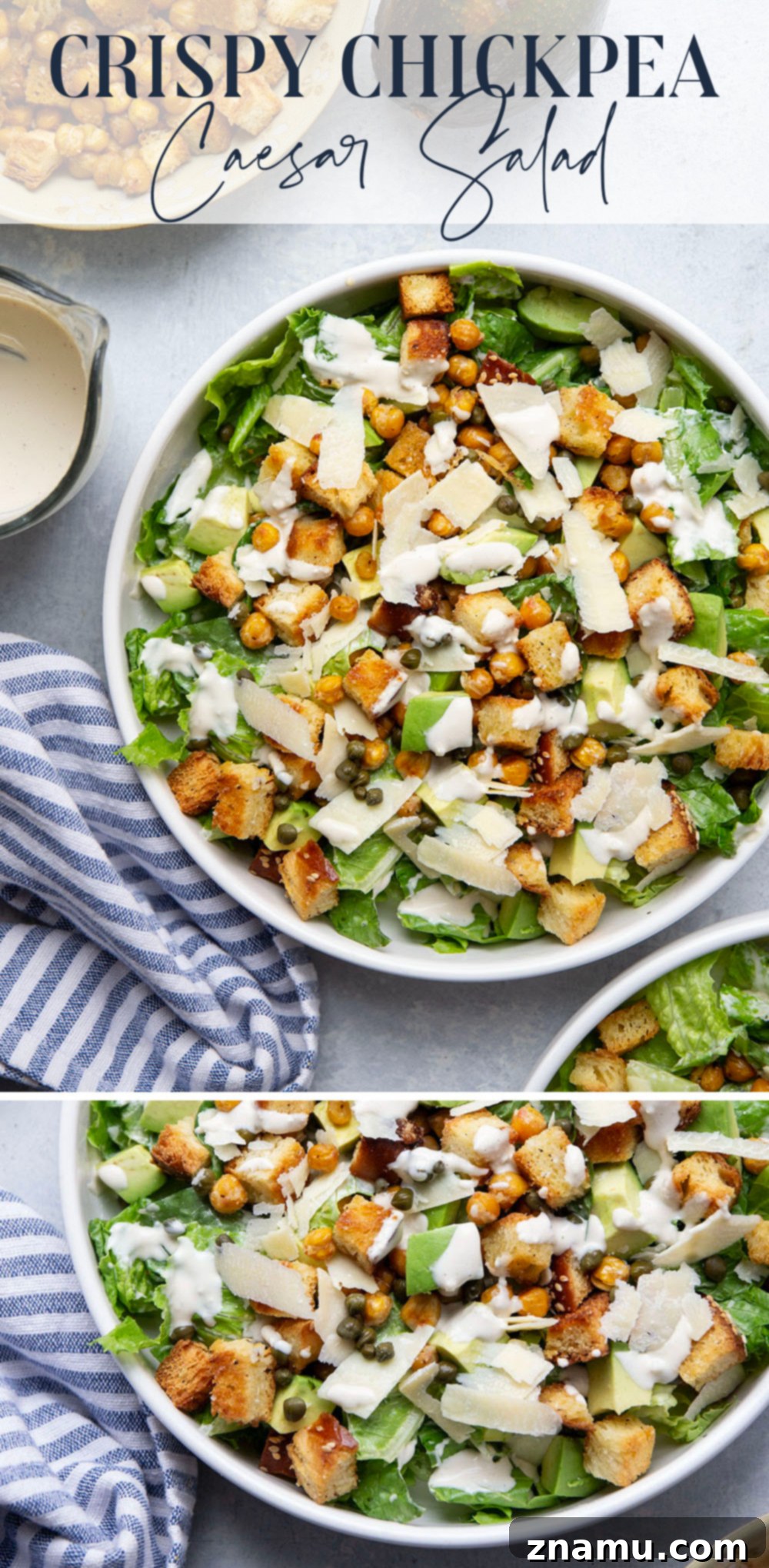 Crispy Chickpea & Creamy Avocado Caesar 7 Loaded with silky avocado, sharp Parmesan, and crispy chickpeas and croutons, this chickpea caesar salad is a delicious twist on the classic and goes well with so many meals!