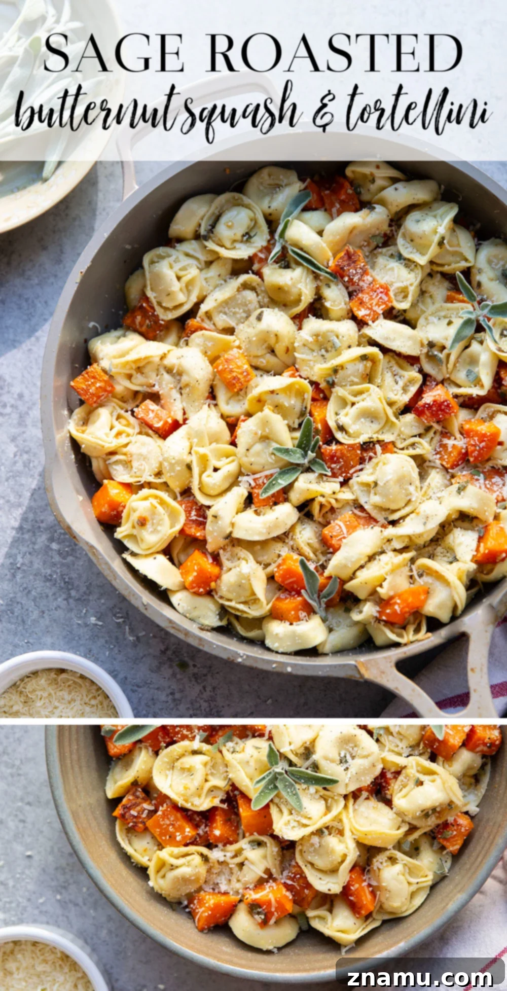 An overhead shot of the entire dish, showcasing the vibrant colors and rich texture of the butternut squash and tortellini.