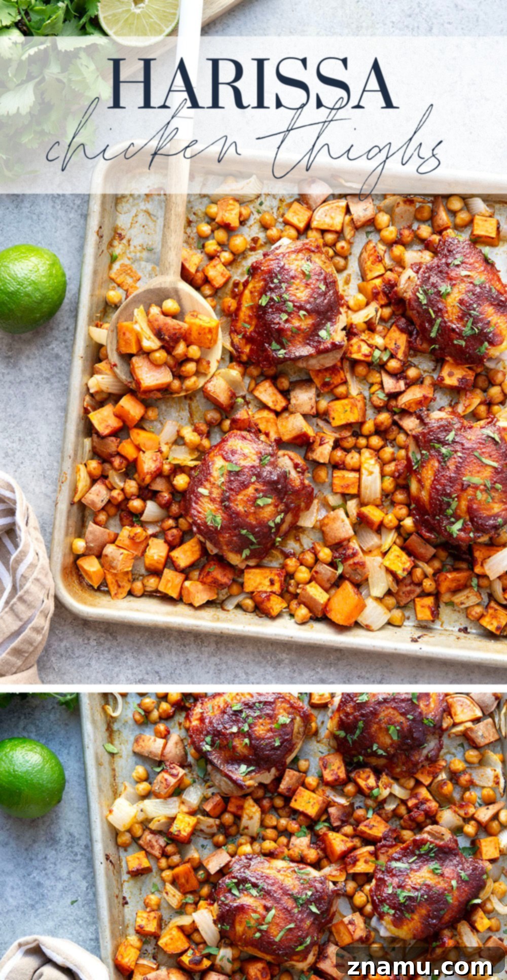 Sheet Pan Harissa Chicken with Roasted Sweet Potatoes & Chickpeas 7 Another appealing view of the harissa chicken and vegetable sheet pan dinner, ready to serve.