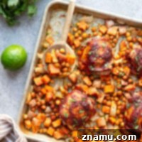 Sheet Pan Harissa Chicken with Roasted Sweet Potatoes & Chickpeas 8 Flavorful harissa chicken thighs collide with tender roasted sweet potatoes and chickpeas in this flavor-packed sheet pan dinner.