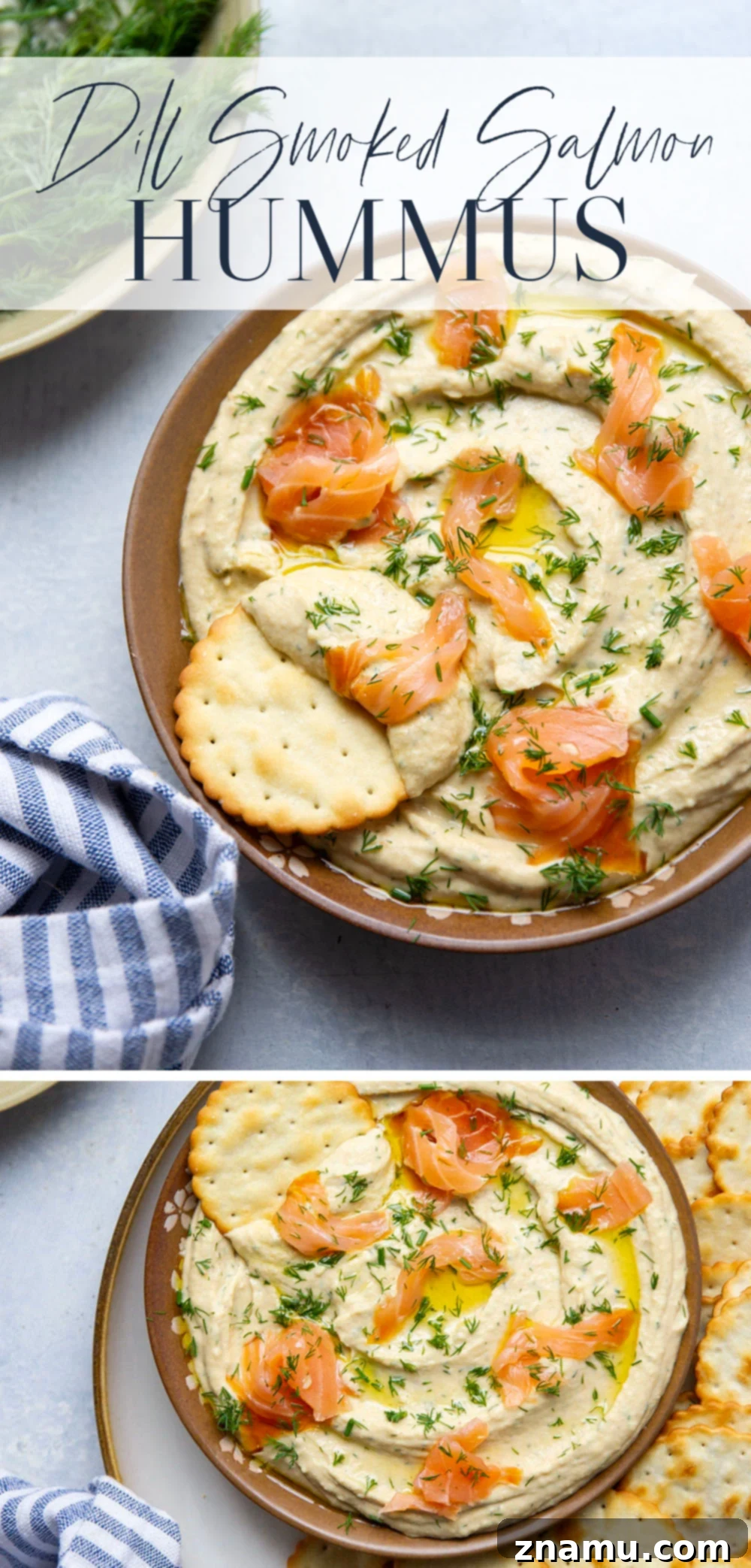 A stunning spread of Dill Smoked Salmon Hummus in a decorative bowl, adorned with fresh dill sprigs and salmon pieces, ready for a special occasion.