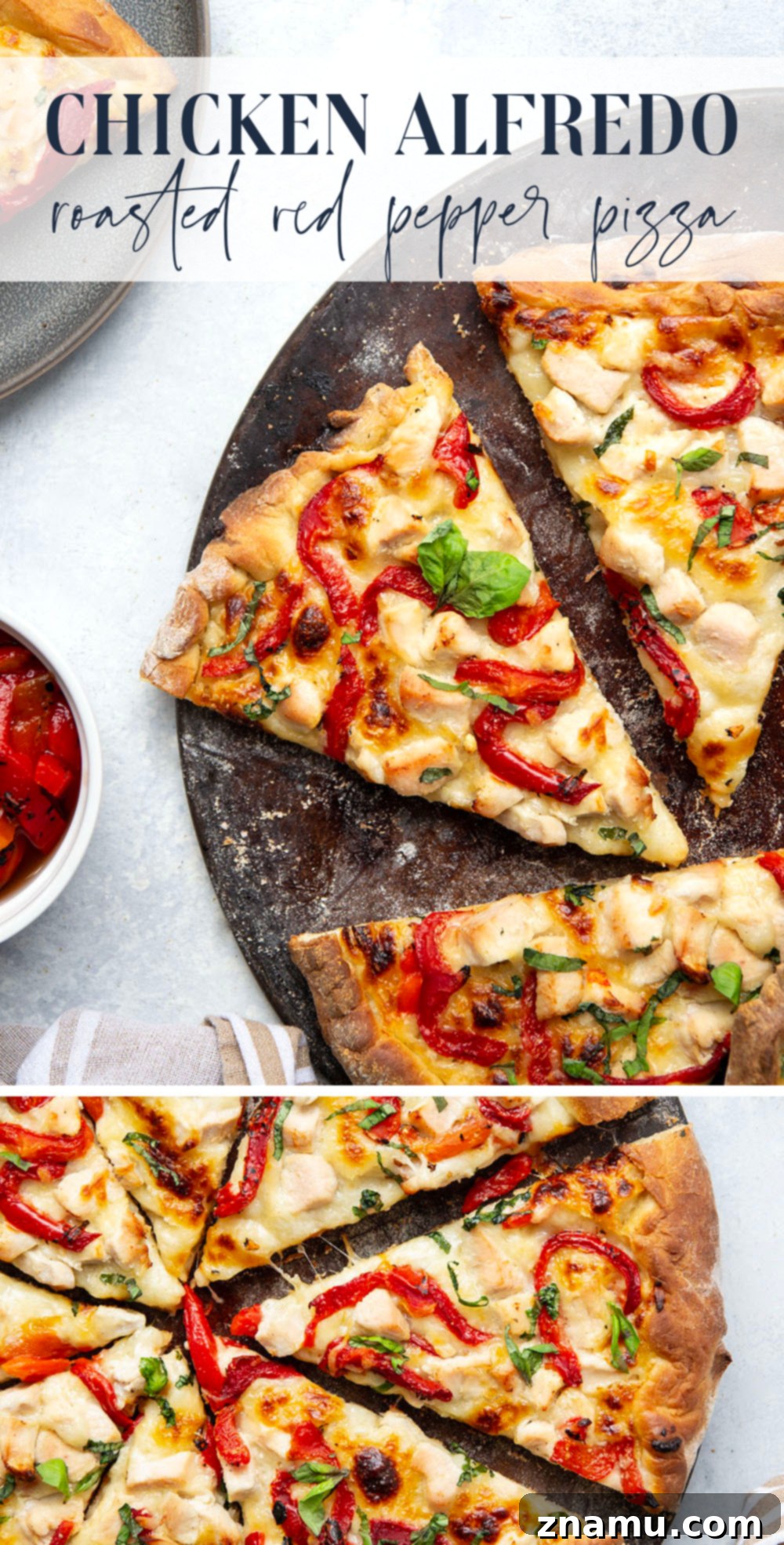 Roasted Red Pepper & Chicken Alfredo Pizza 7 Creamy homemade alfredo sauce, juicy chicken cubes, and flavorful roasted red peppers are the perfect trio in this alfredo roasted red pepper pizza! Top slices with lots of fresh basil for extra flavor.
