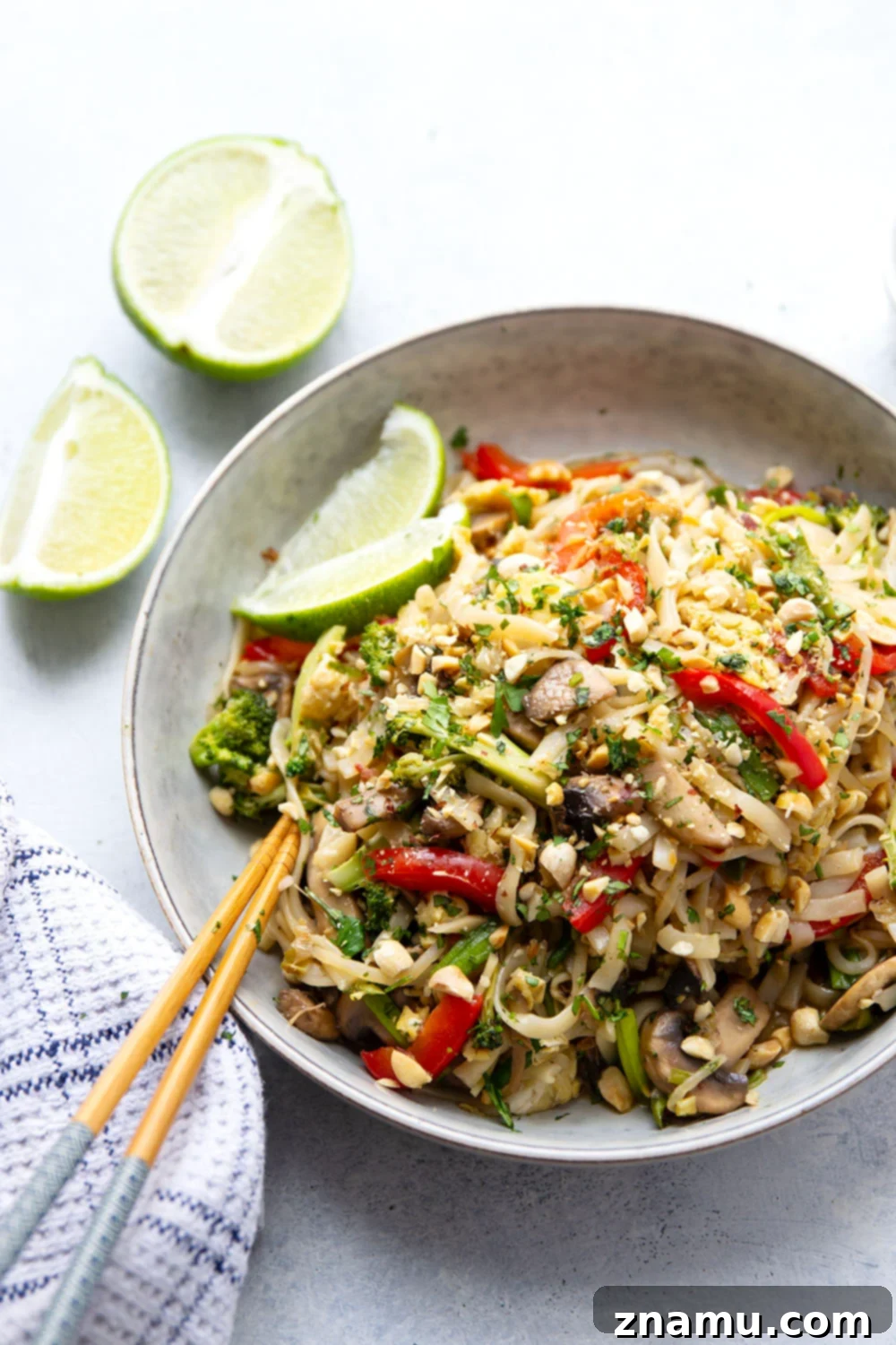 Vibrant Veggie Pad Thai 2 Loaded with sautéed veggies and tender noodles in a savory sauce, this vegetarian pad thai is so packed with flavor, you won't even miss the meat!