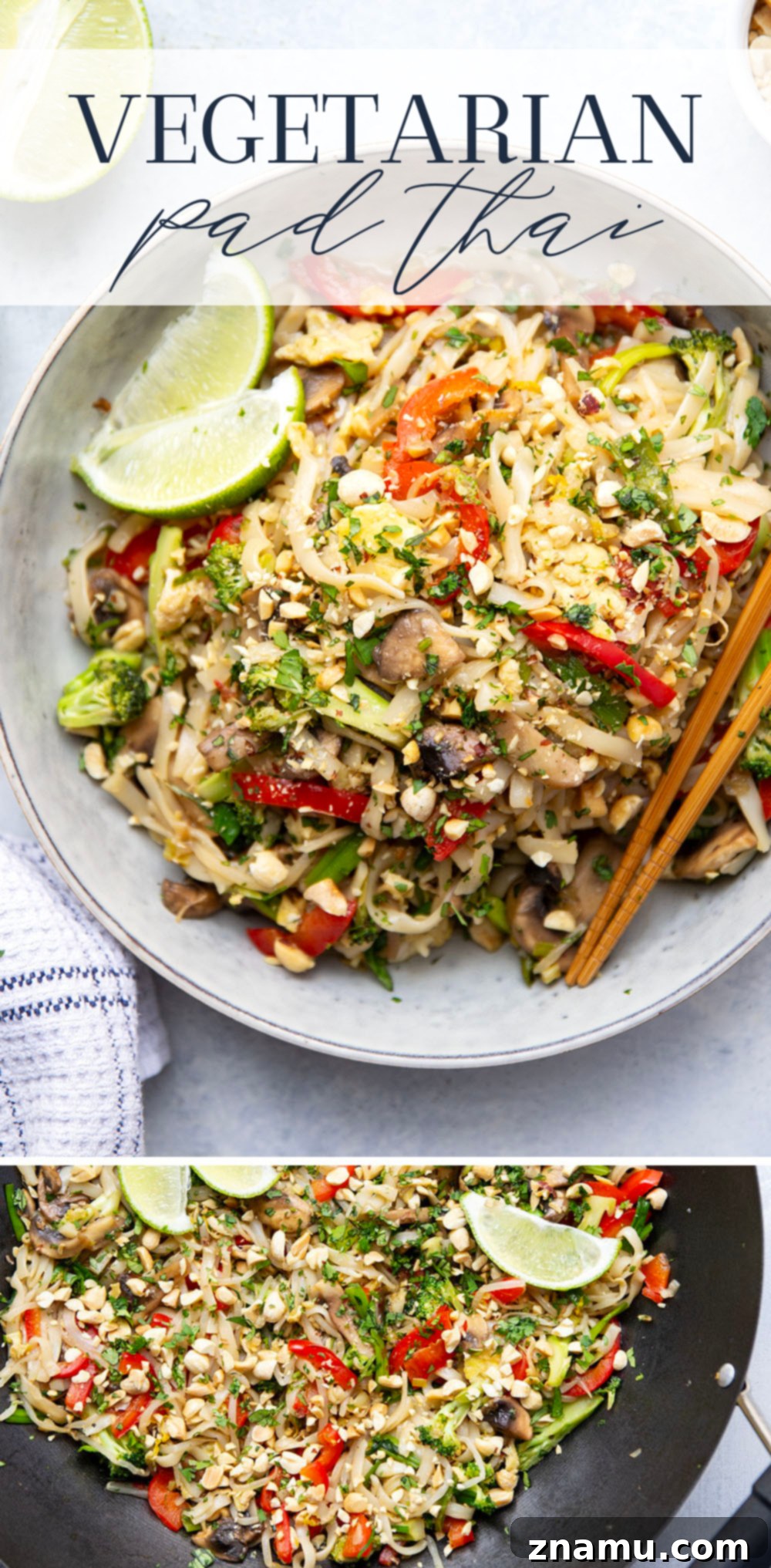 Vibrant Veggie Pad Thai 7 Loaded with sautéed veggies and tender noodles in a savory sauce, this vegetarian pad thai is so packed with flavor, you won't even miss the meat!