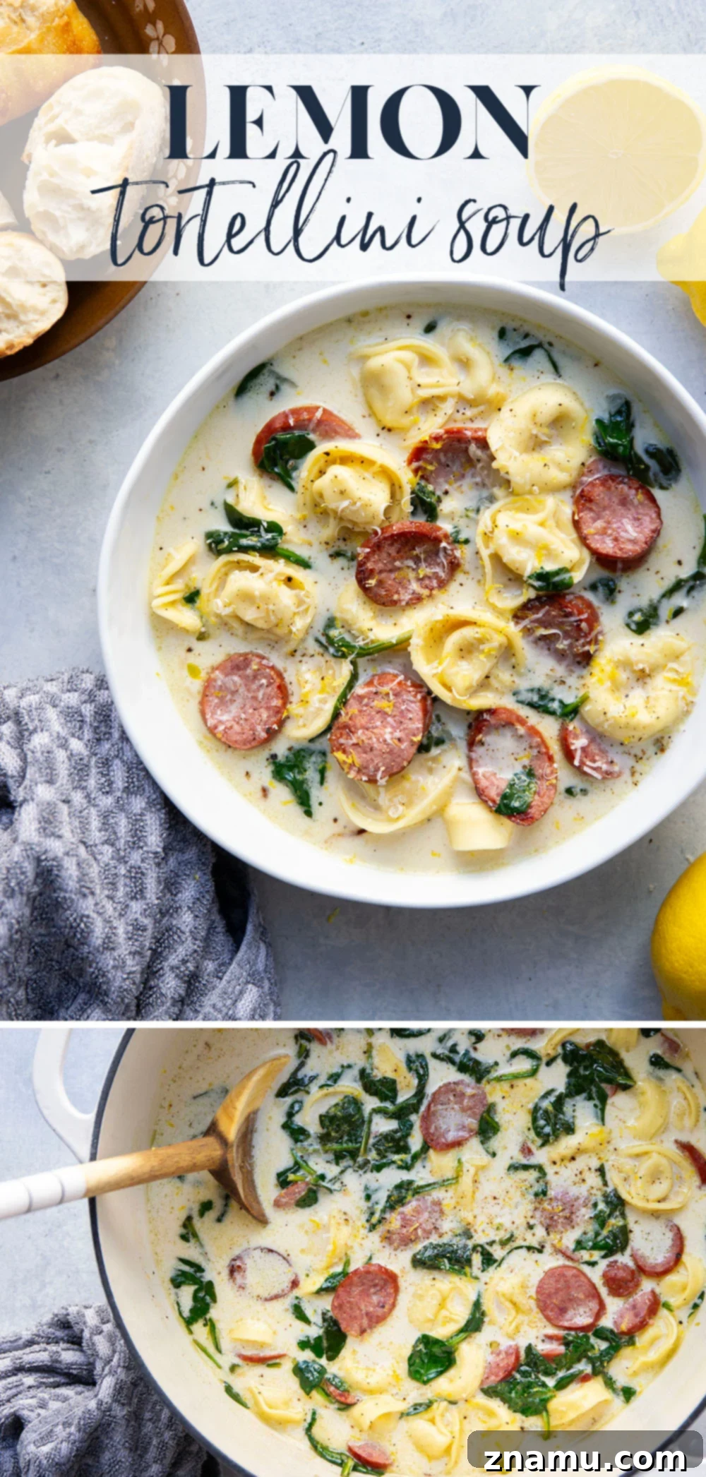 Sunshine Lemon Tortellini Soup 7 An overhead shot of a bowl of creamy lemon tortellini soup, artfully garnished with fresh herbs and a drizzle of cream, emphasizing its appeal.