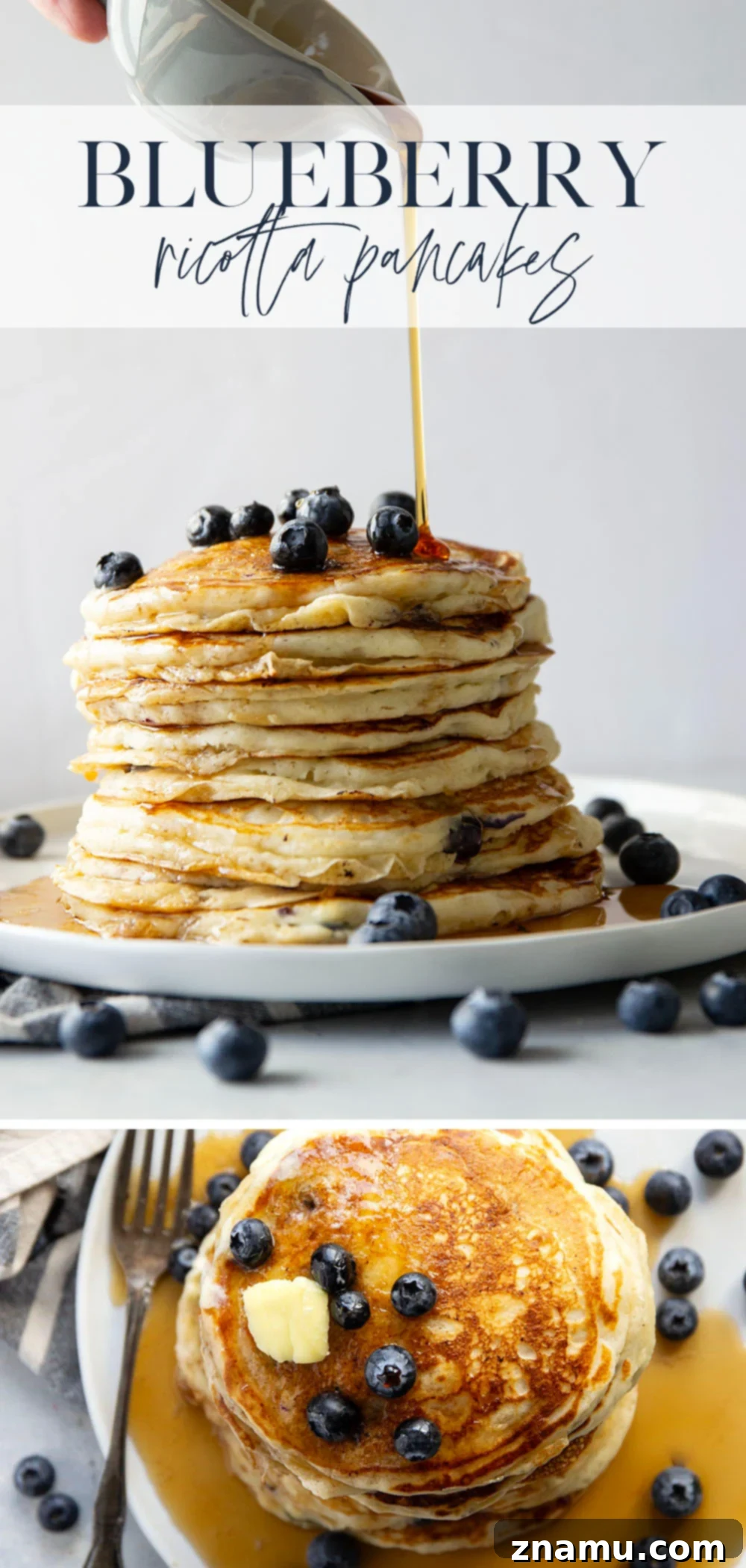 Pillowy Blueberry Ricotta Pancakes 7 Large stack of blueberry ricotta pancakes on a plate with syrup