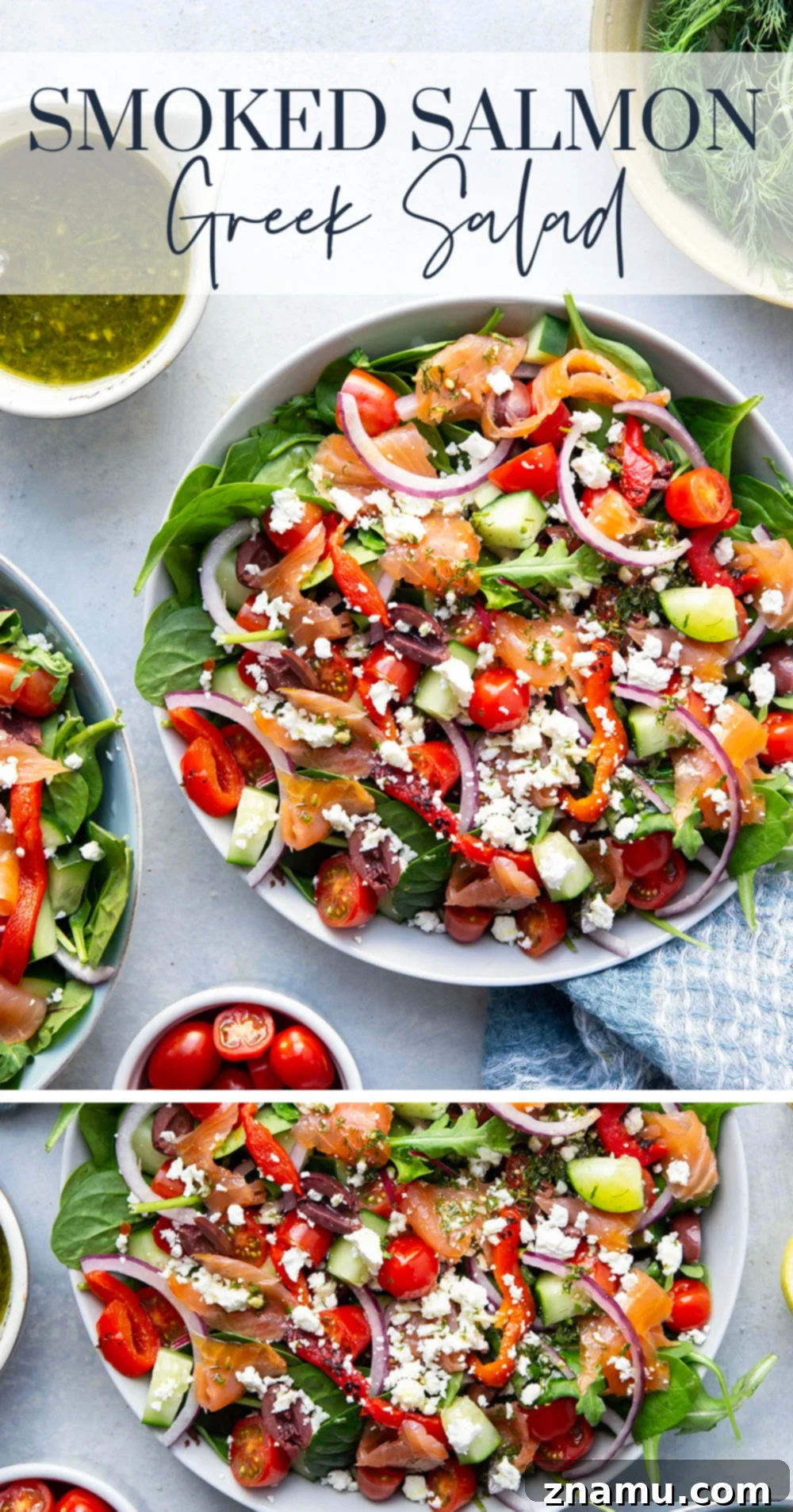 Mediterranean Smoked Salmon Salad 7 This smoked salmon Greek salad is a twist on the classic and features flavorful smoked salmon with a tangy lemon dill vinaigrette tossed with greens and lots of Greek ingredients.