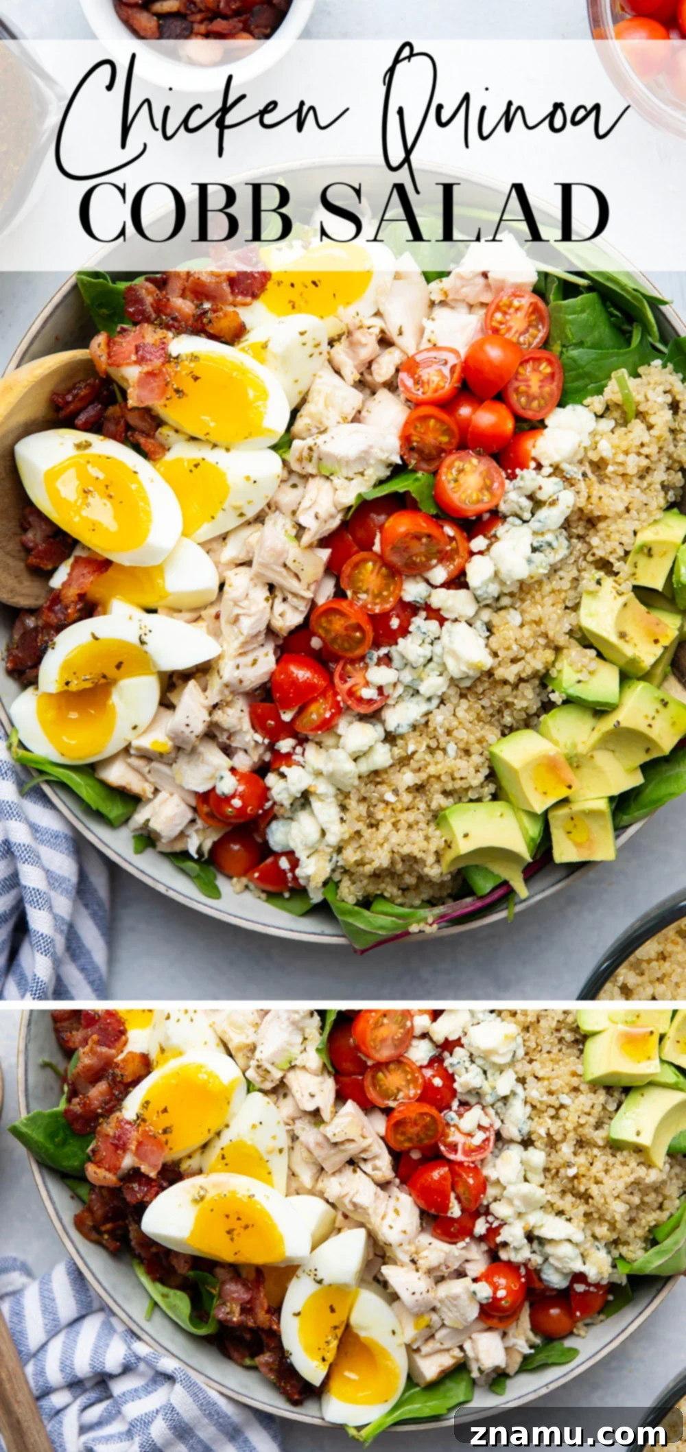 Chicken Quinoa Cobb Creation 7 An overhead shot of a large, beautiful Chicken Quinoa Cobb Salad in a white bowl, featuring all the vibrant ingredients and dressing.