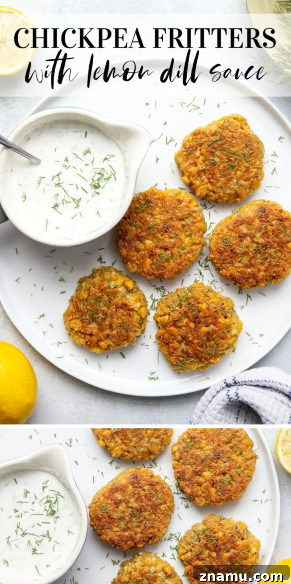Zesty Lemon Dill Chickpea Fritters 7 These chickpea fritters are perfectly crispy and pair incredibly well with a tangy fresh lemon dill sauce for dipping!