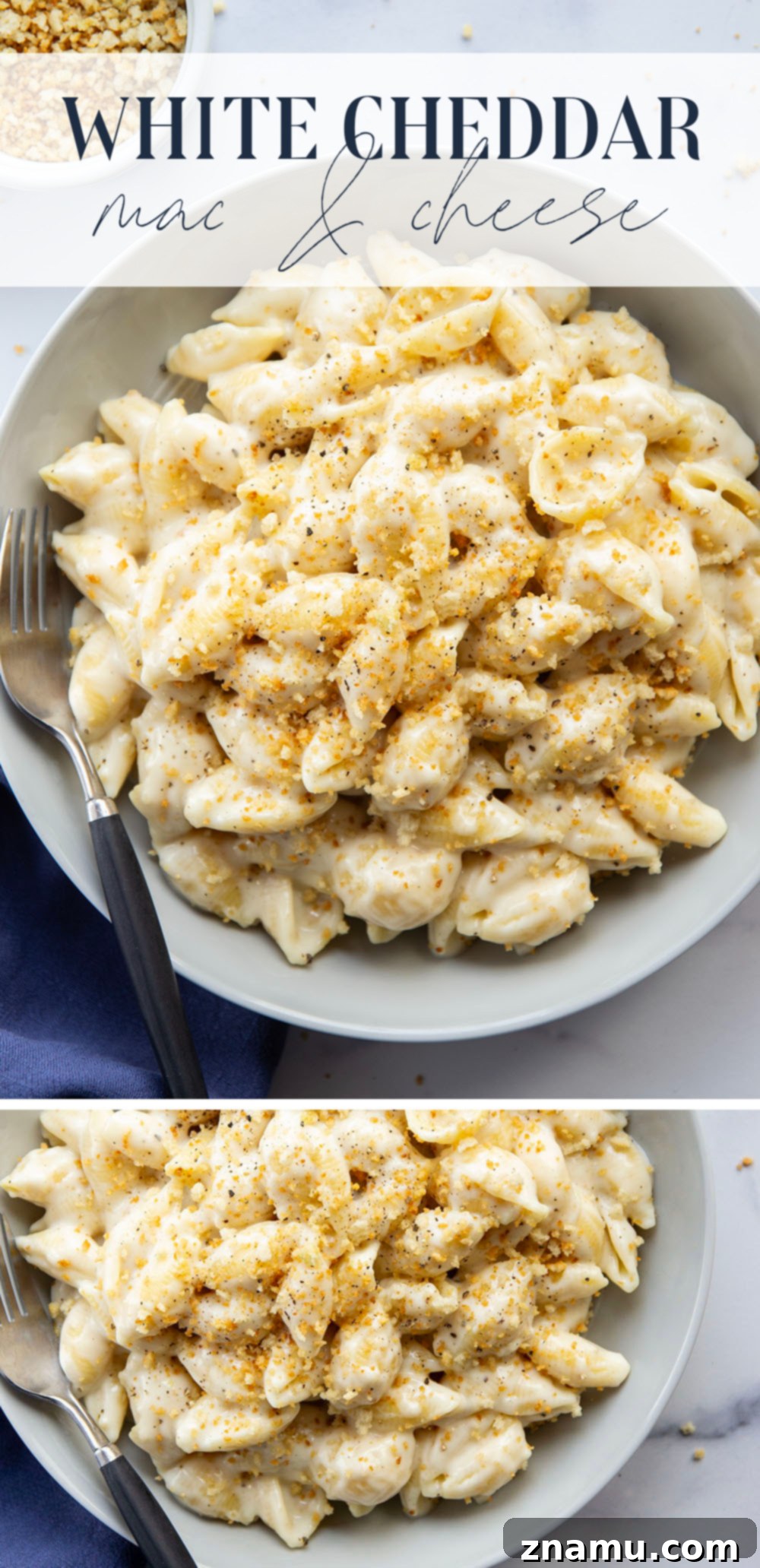 Ultimate White Cheddar Mac and Cheese 7 Perfectly gooey and cheesy, this white cheddar mac and cheese comes together in minutes and is amazing with garlicky toasted breadcrumbs on top!