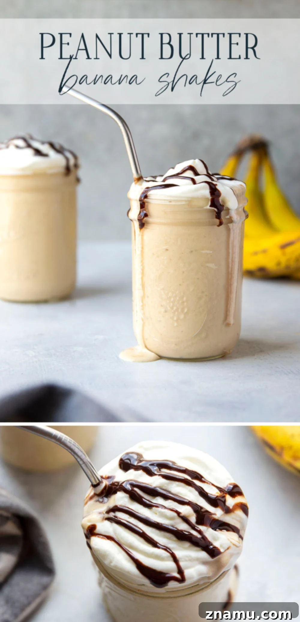 Peanut Butter Banana Blast 7 A top-down view of a beautifully presented peanut butter banana shake with garnishes.