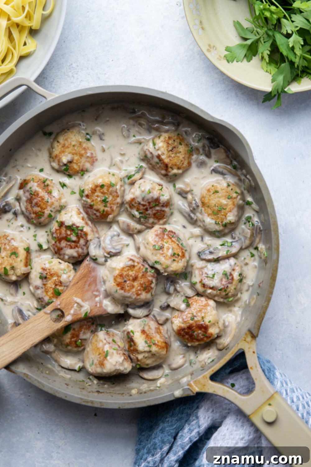 Flavorful Chicken Marsala Meatballs 6 Plated chicken marsala meatballs with fettuccine, garnished with fresh parsley.