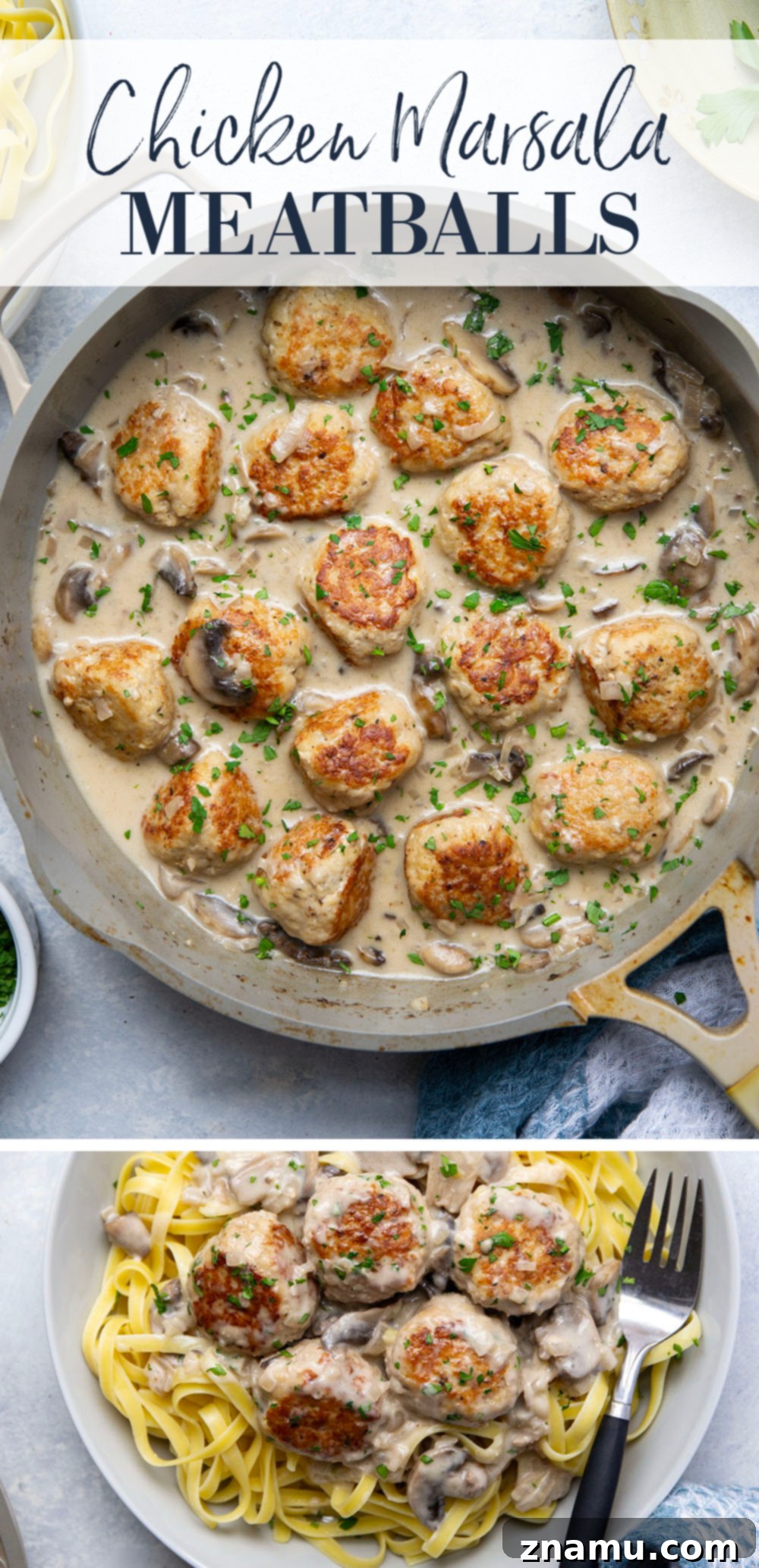Flavorful Chicken Marsala Meatballs 7 A large skillet of chicken marsala meatballs, garnished with fresh herbs, ready to be served.