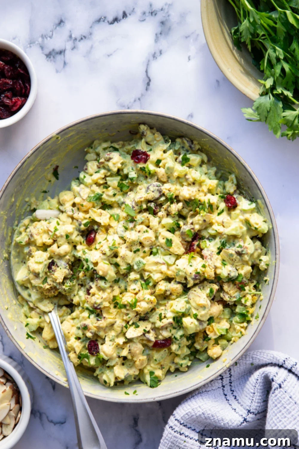 Sunshine Curried Chickpea Salad 4 A bowl of freshly prepared curried chickpea salad, ready to be served.