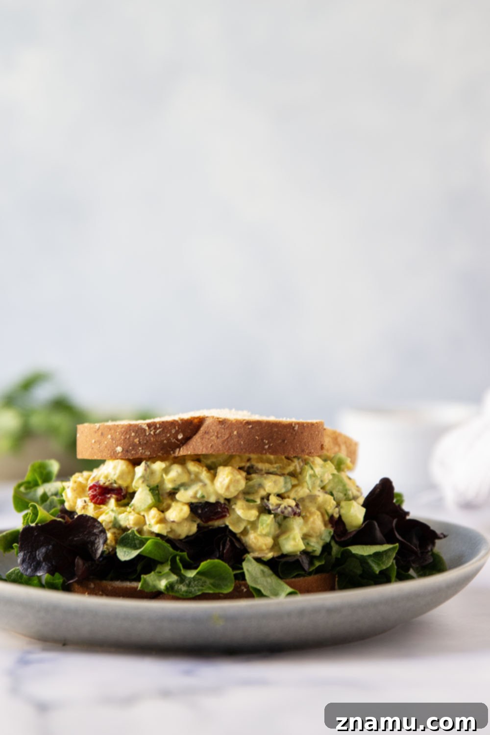 Sunshine Curried Chickpea Salad 5 Ingredients for curried chickpea salad laid out, including chickpeas, celery, almonds, cranberries, and dressing components.