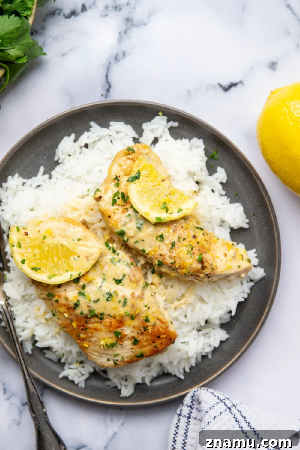Lemon Dijon Cream Chicken 3 This lemon Dijon chicken features juicy seared chicken breasts simmered in a fresh lemon Dijon mustard cream sauce. Amazing over a bowl of rice or pasta!