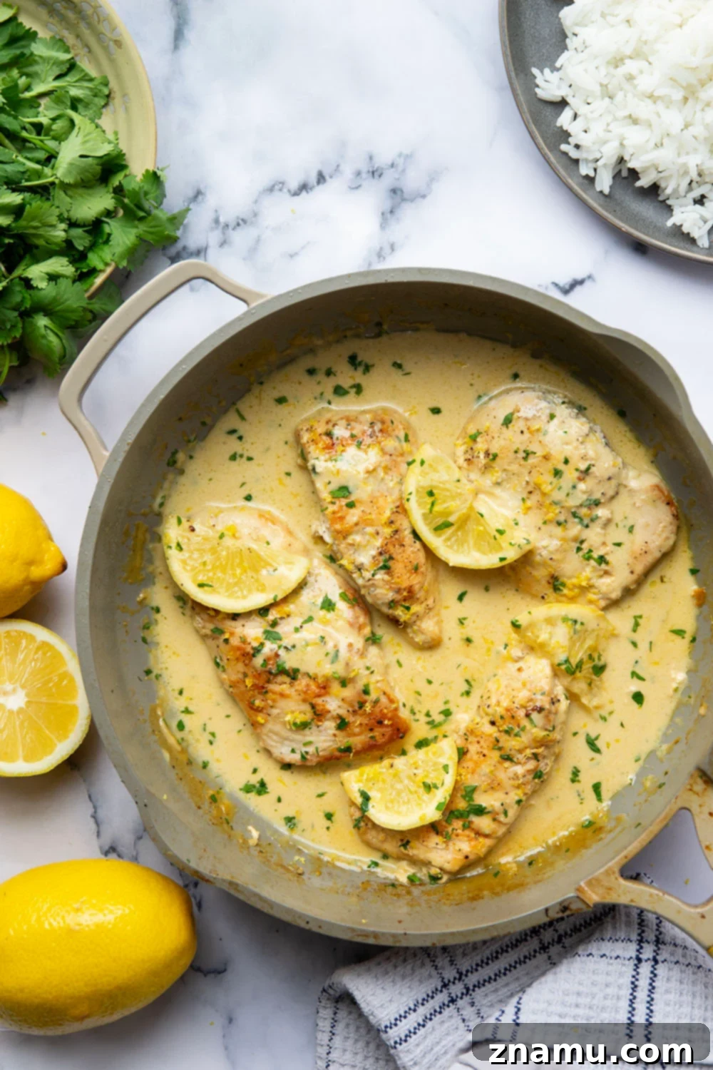 Lemon Dijon Cream Chicken 4 This lemon Dijon chicken features juicy seared chicken breasts simmered in a fresh lemon Dijon mustard cream sauce. Amazing over a bowl of rice or pasta!